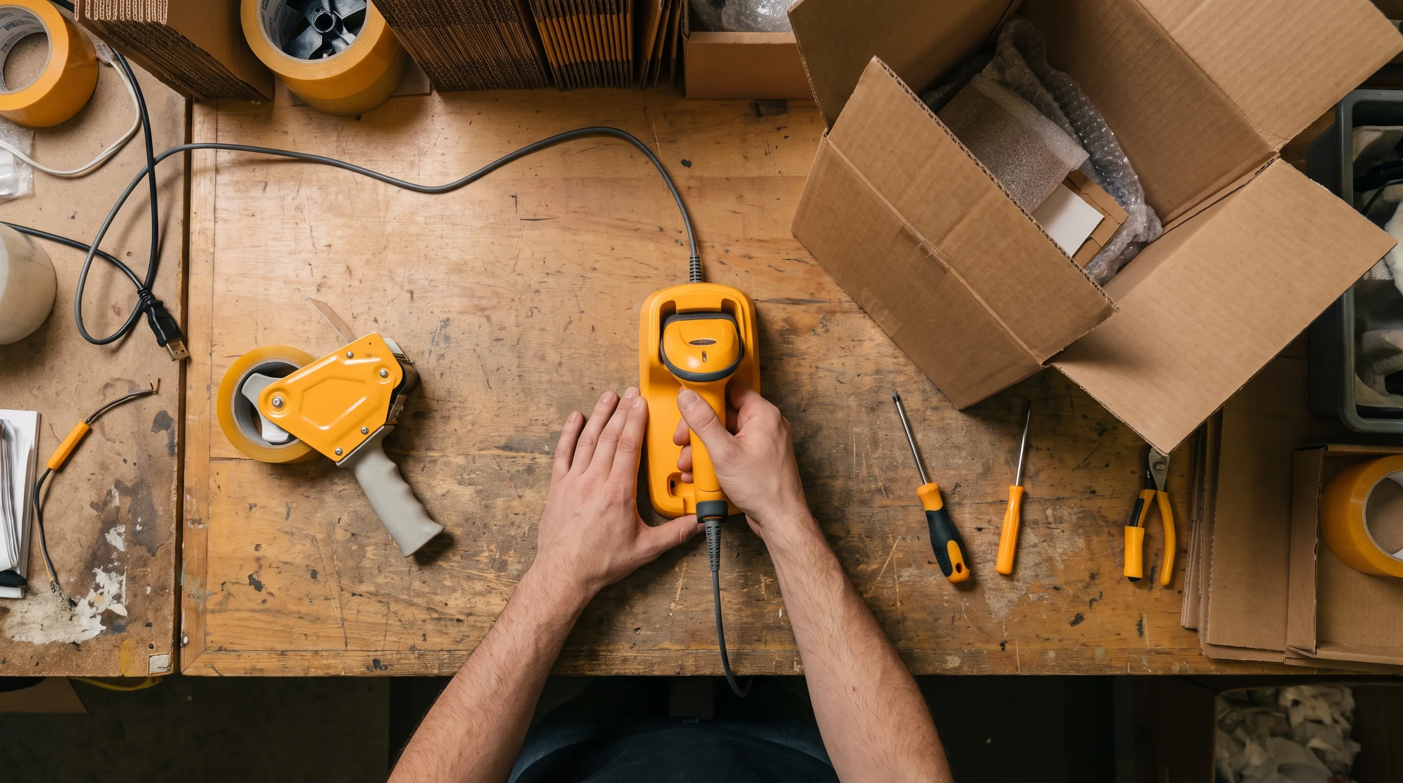 Hands fit a barcode scanner at a packing station, showing a practical workflow change being installed in a business.