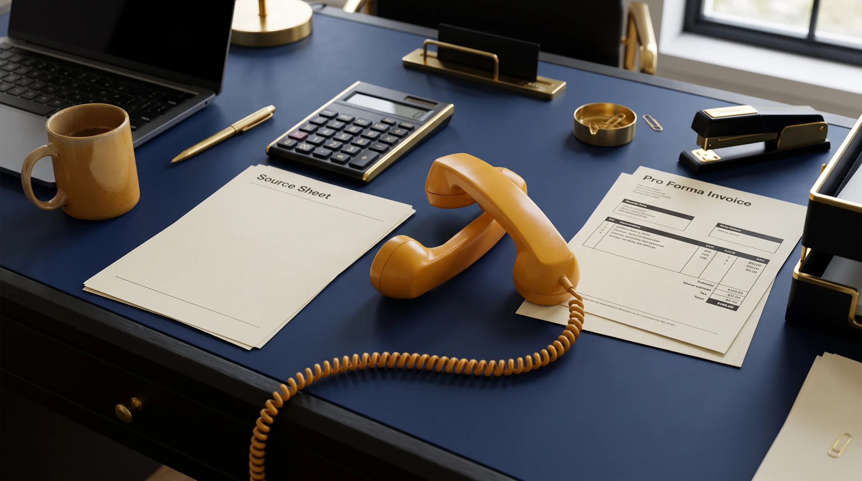 A desk shows a telephone beside source notes and a matching invoice used to trace a phone enquiry to revenue.