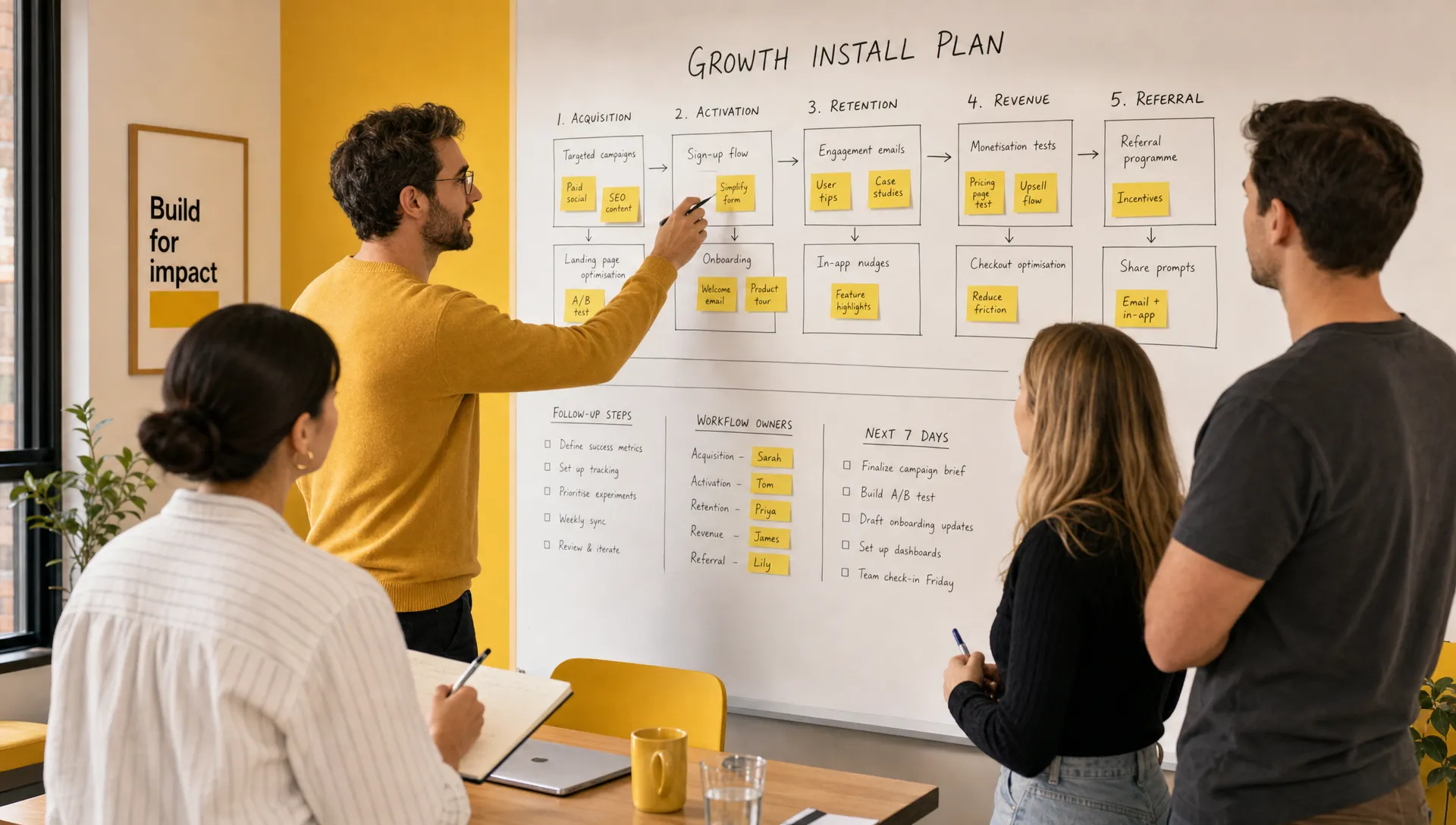 A founder and commercial team map a growth install on a wall with notes, follow-up steps and workflow owners.