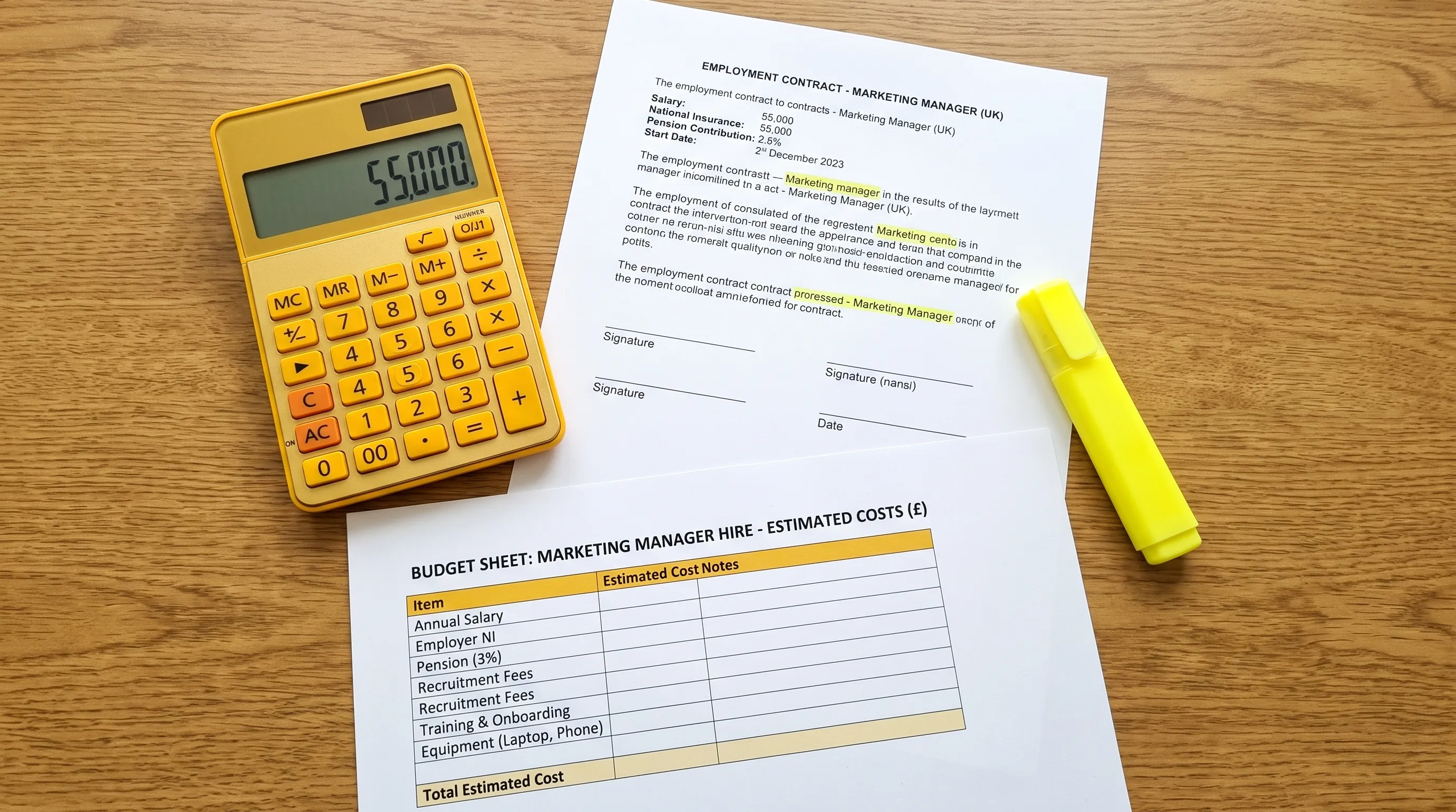 A calculator, blank budget sheet and employment contract show the costs of hiring a marketing manager in the UK.
