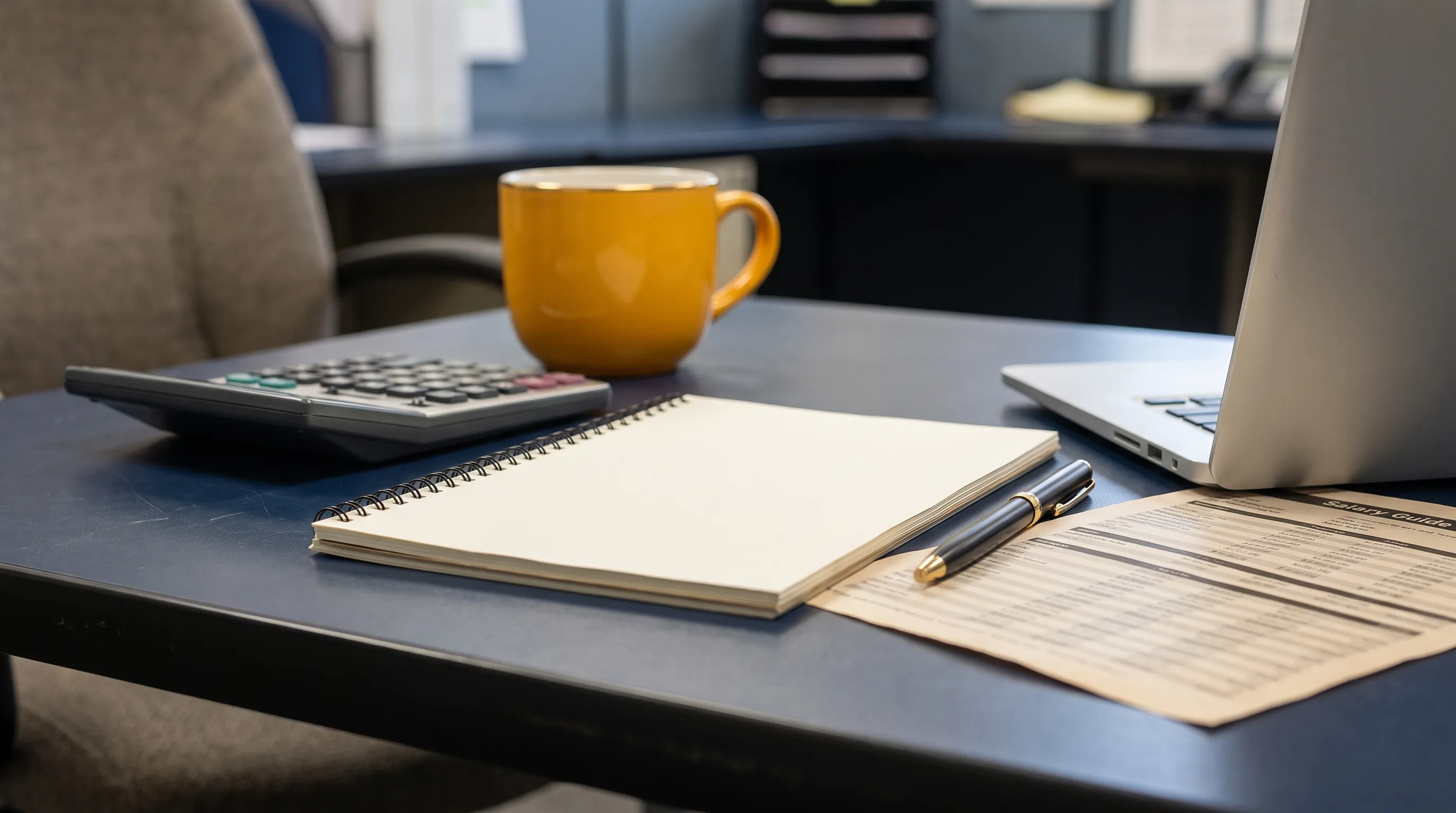 A desk with salary planning materials for a head of marketing hire, including a calculator, notebook and printout.