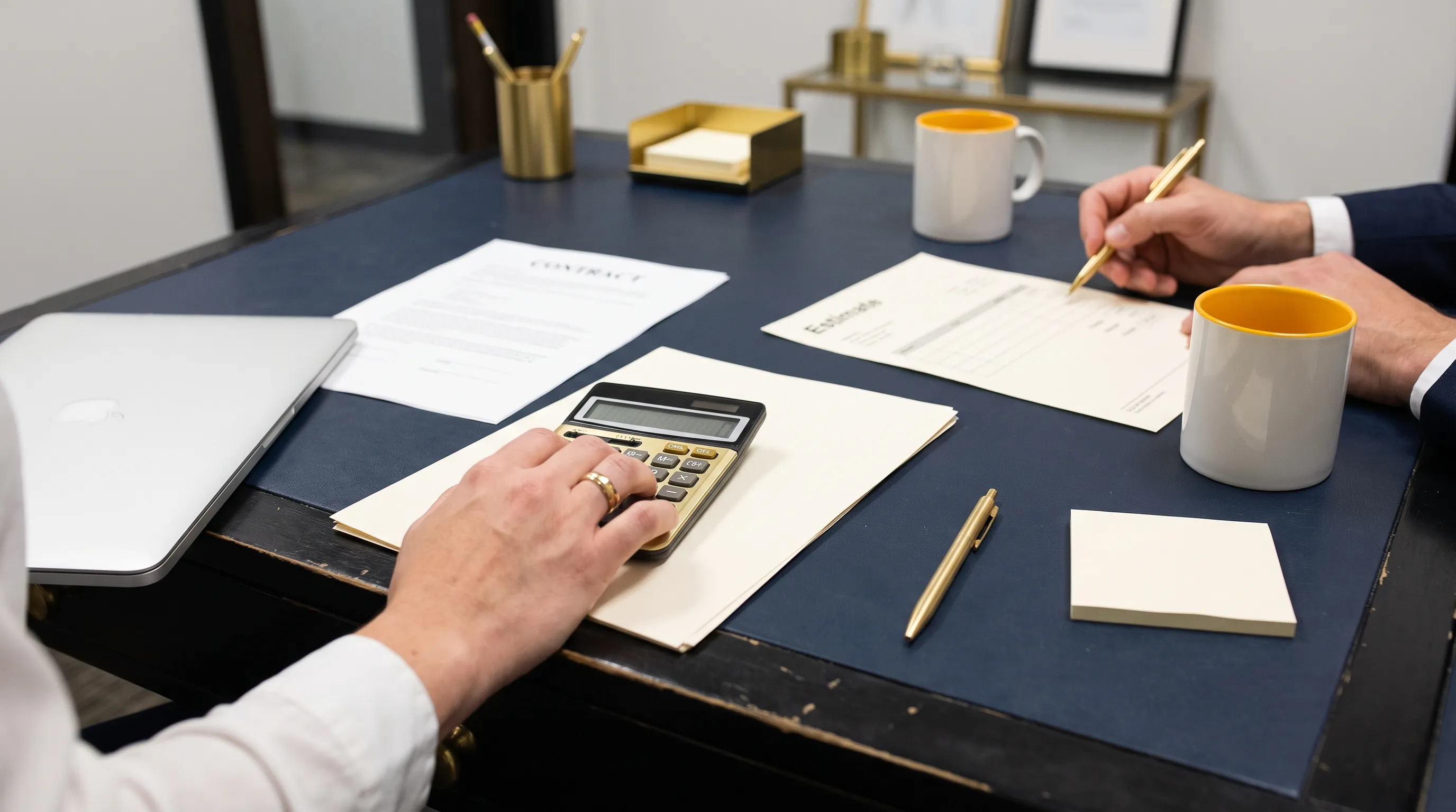 Hands use a calculator and paper estimate to work out the cost of hiring a marketing manager.