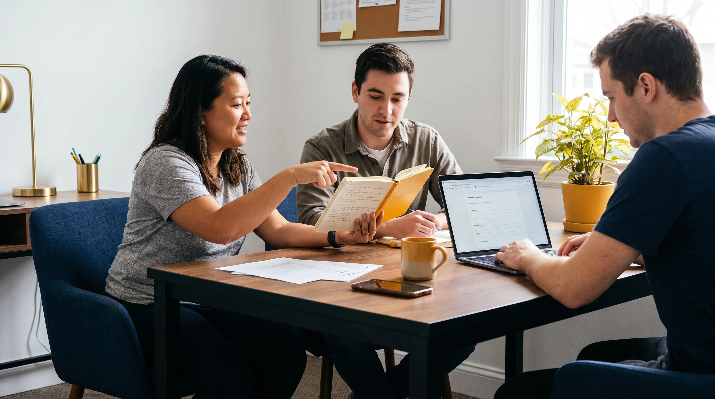 A founder and two team members review a live enquiry and agree the next follow-up step in a meeting area.