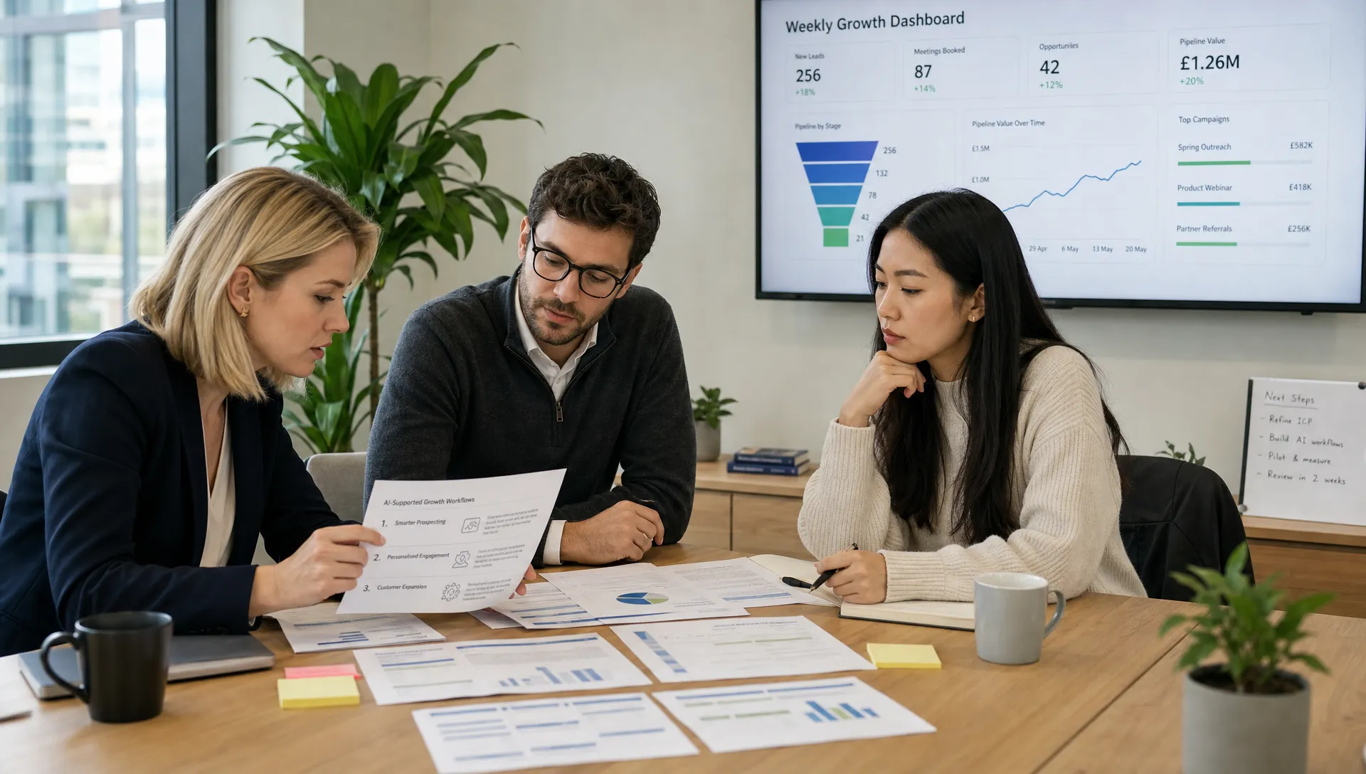 Three colleagues review printed reports, CRM notes and a weekly dashboard while planning three AI-supported growth workflows.