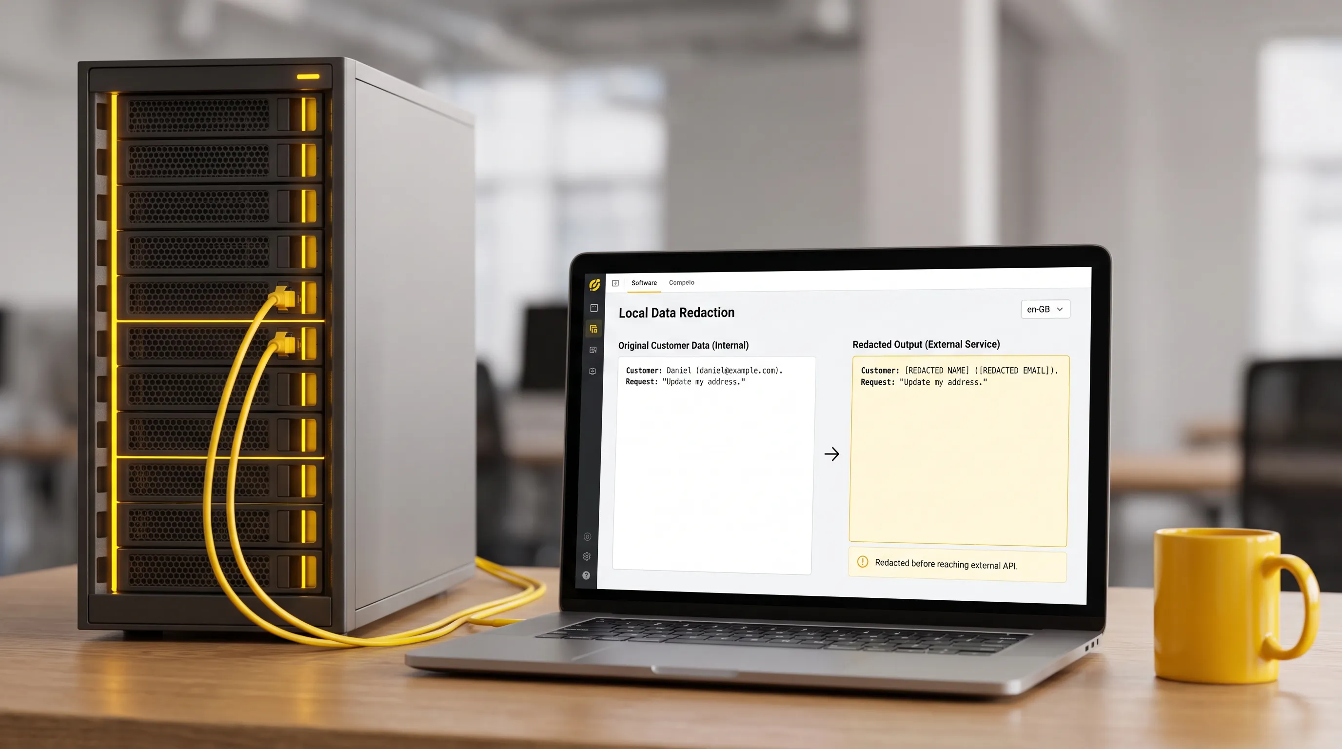 A local office server beside a laptop shows customer text with Daniel and daniel@example.com replaced before it reaches an external service.
