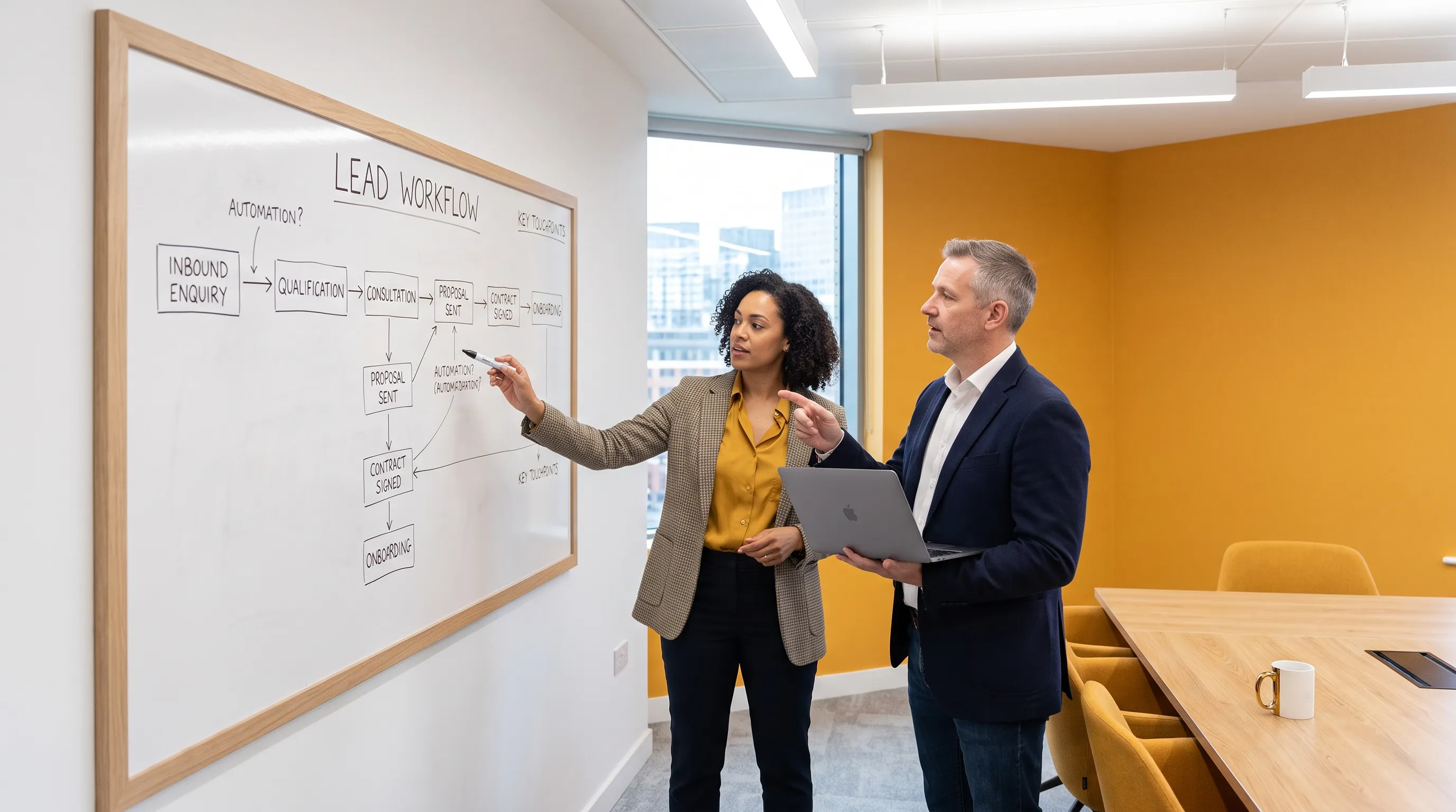 A founder and marketing agency growth consultant review a lead workflow on a whiteboard in a meeting room.