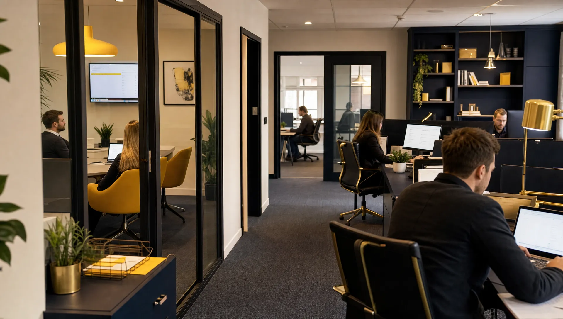 A UK office operations area shows where the team reviews growth work, reports and next actions.