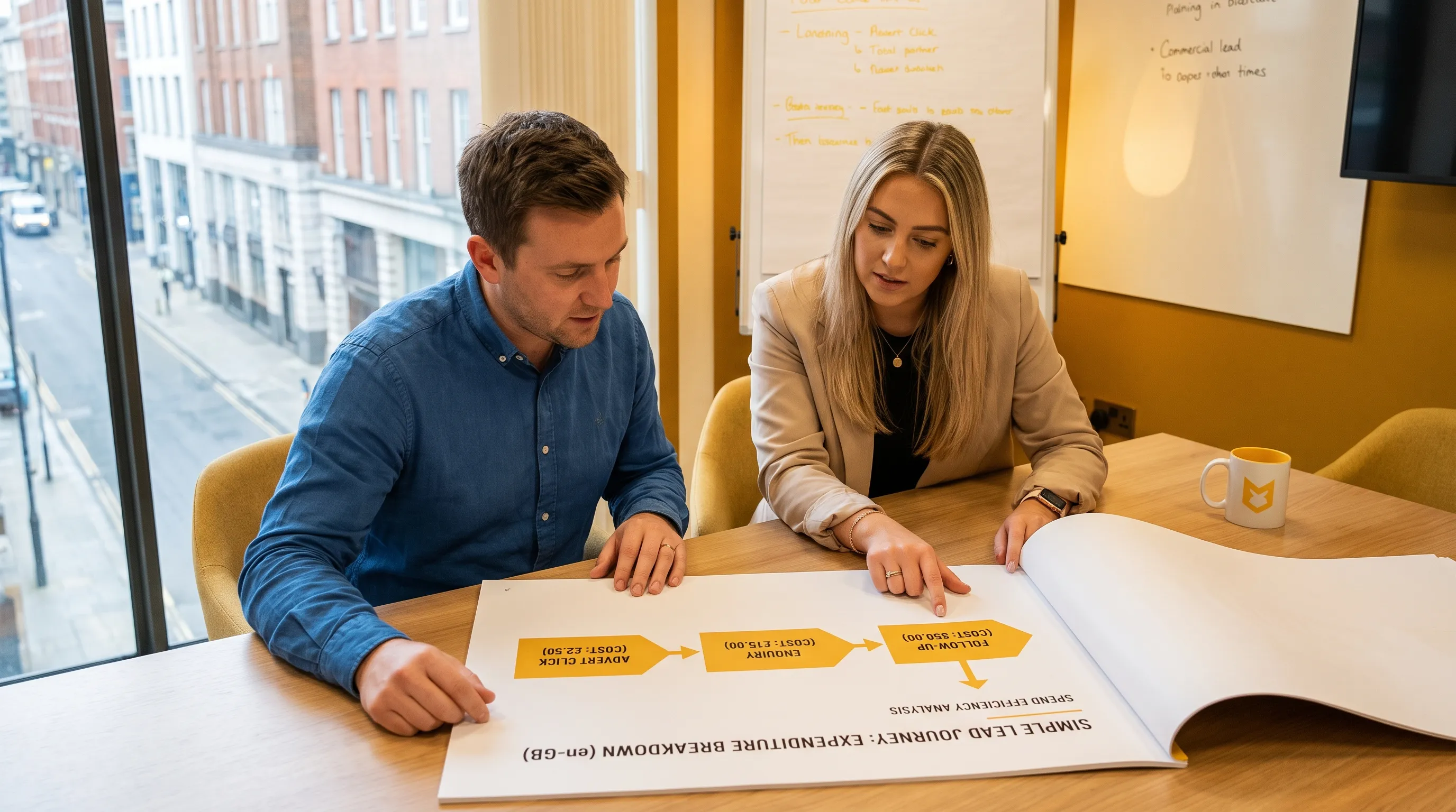 A founder and commercial lead review a simple lead journey sheet that shows where spend can break down, from advert click to enquiry and follow-up.