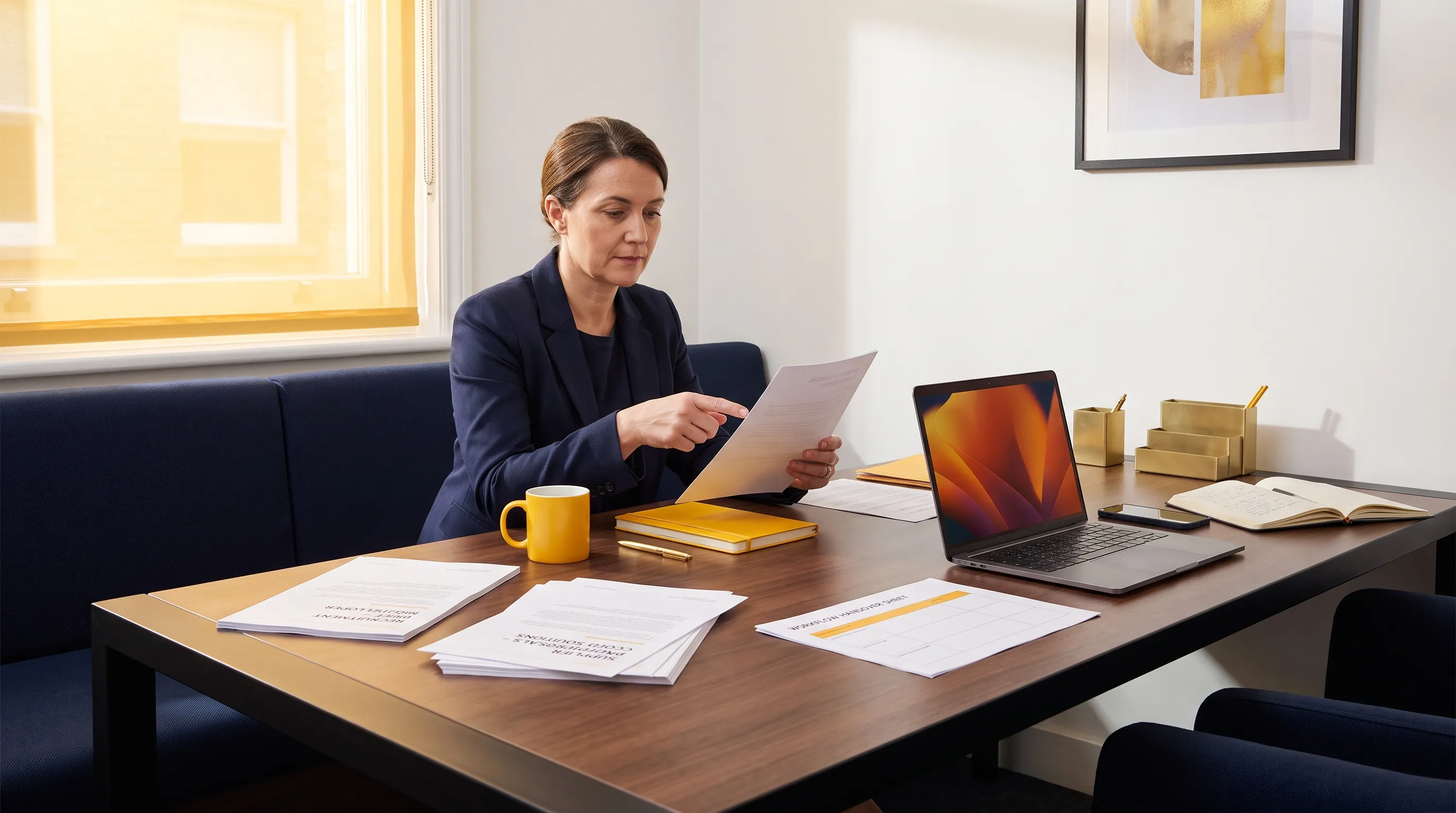 A founder compares recruitment brief and supplier proposals beside a workflow handover sheet.