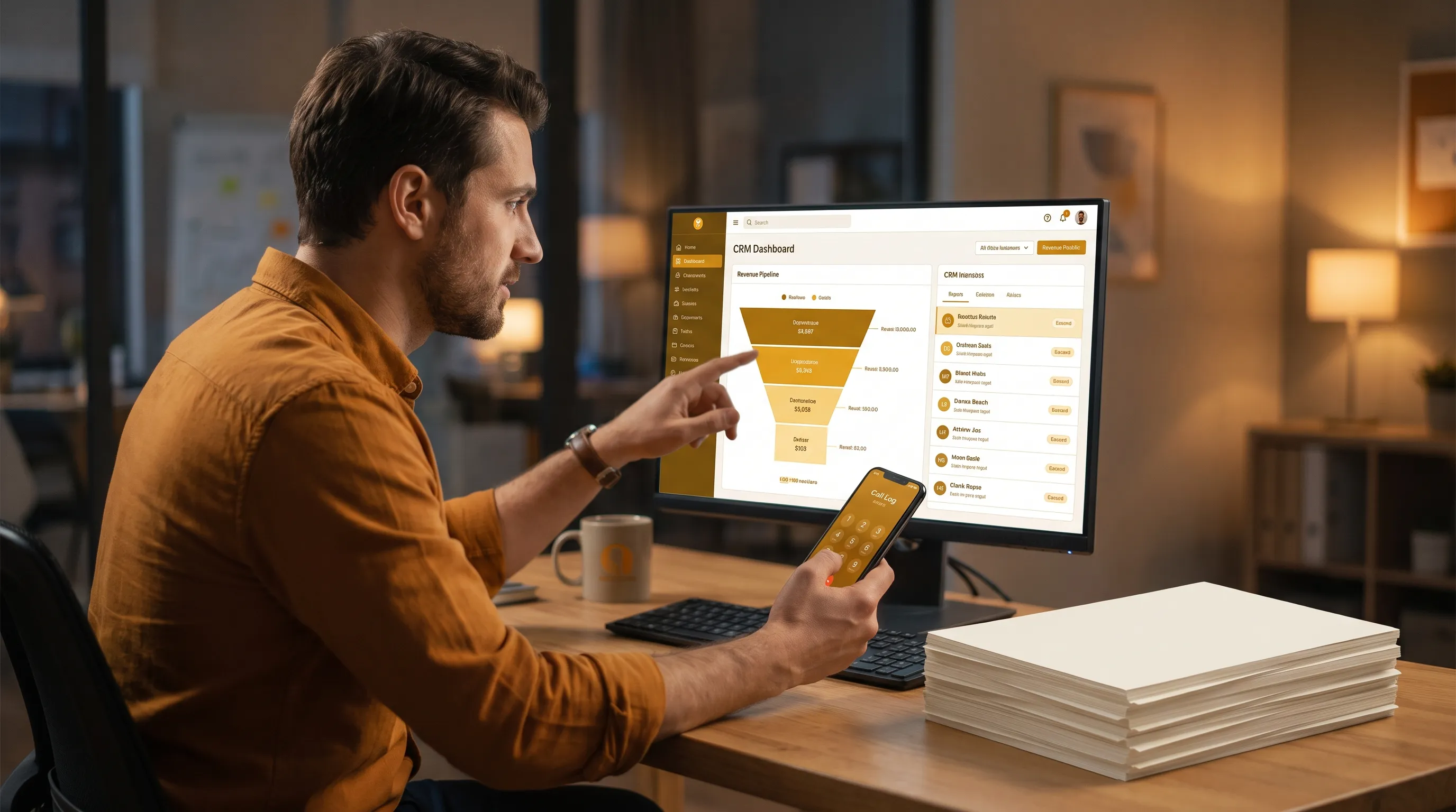 A team member compares blank, unmarked lead records with a phone and a CRM screen to review how enquiries connect with revenue.