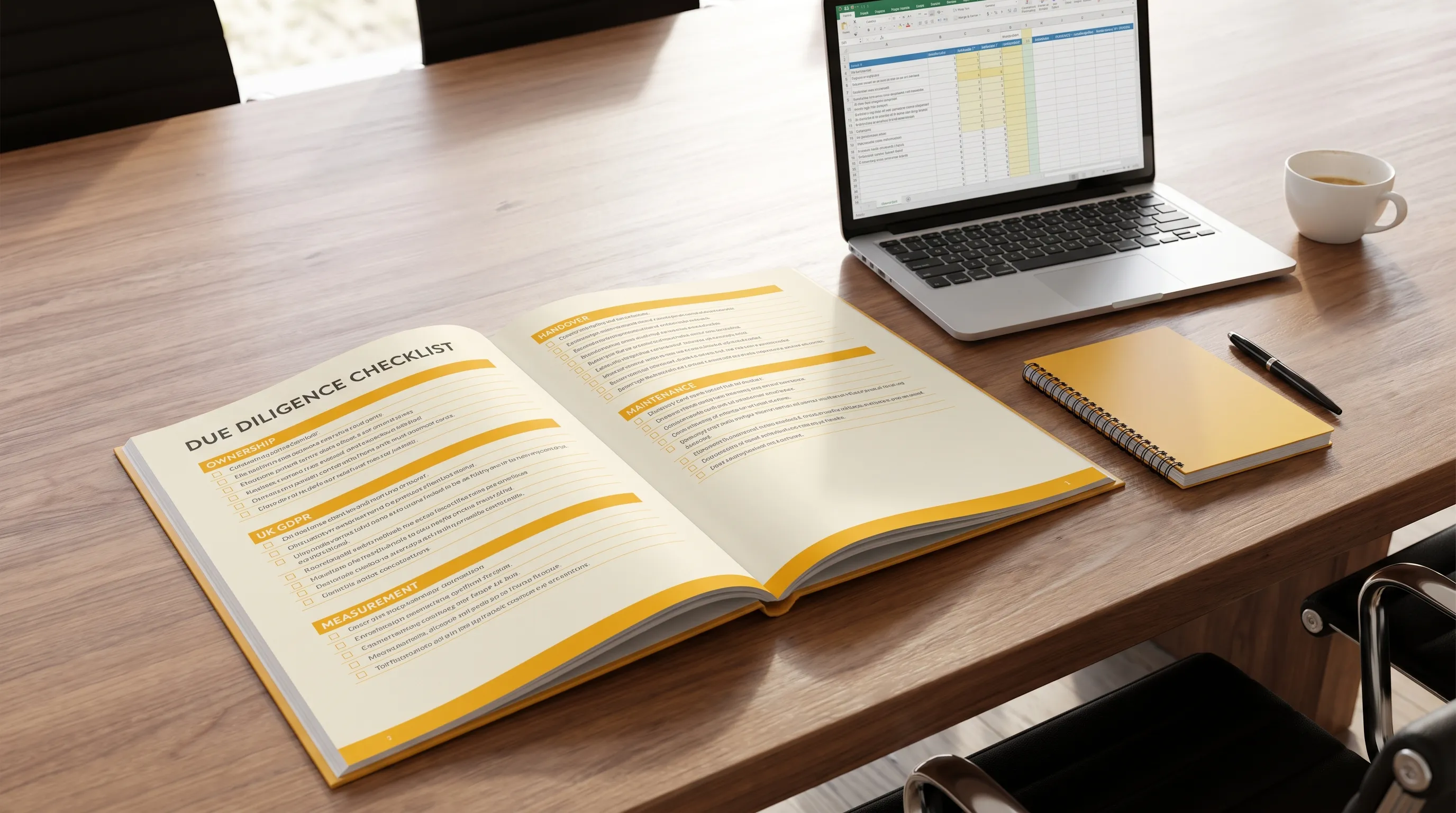 A due diligence checklist on a meeting table sits beside a laptop and notebook, with ownership, UK GDPR, measurement, handover and maintenance sections visible.