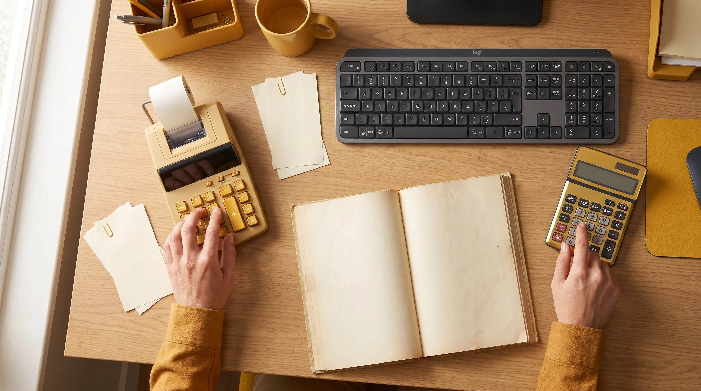 Hands use a calculator and adding machine beside a blank ledger while checking marketing spend against business records.