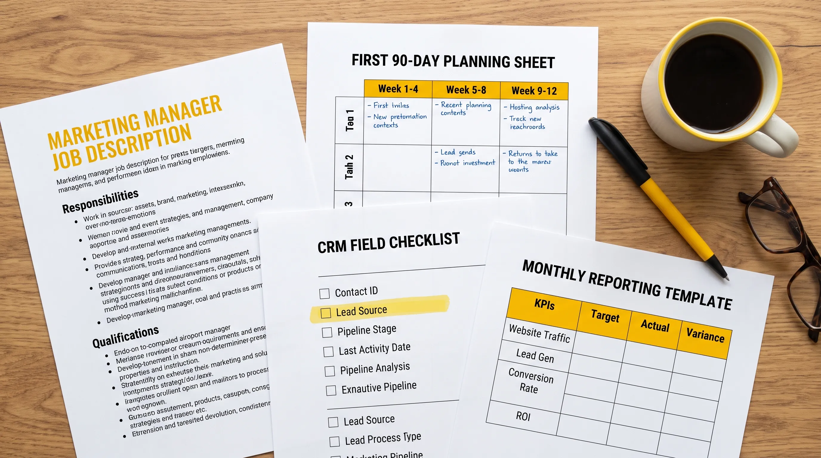 Printed marketing manager job description beside a first 90-day planning sheet, a CRM field checklist and a monthly reporting template on a desk.