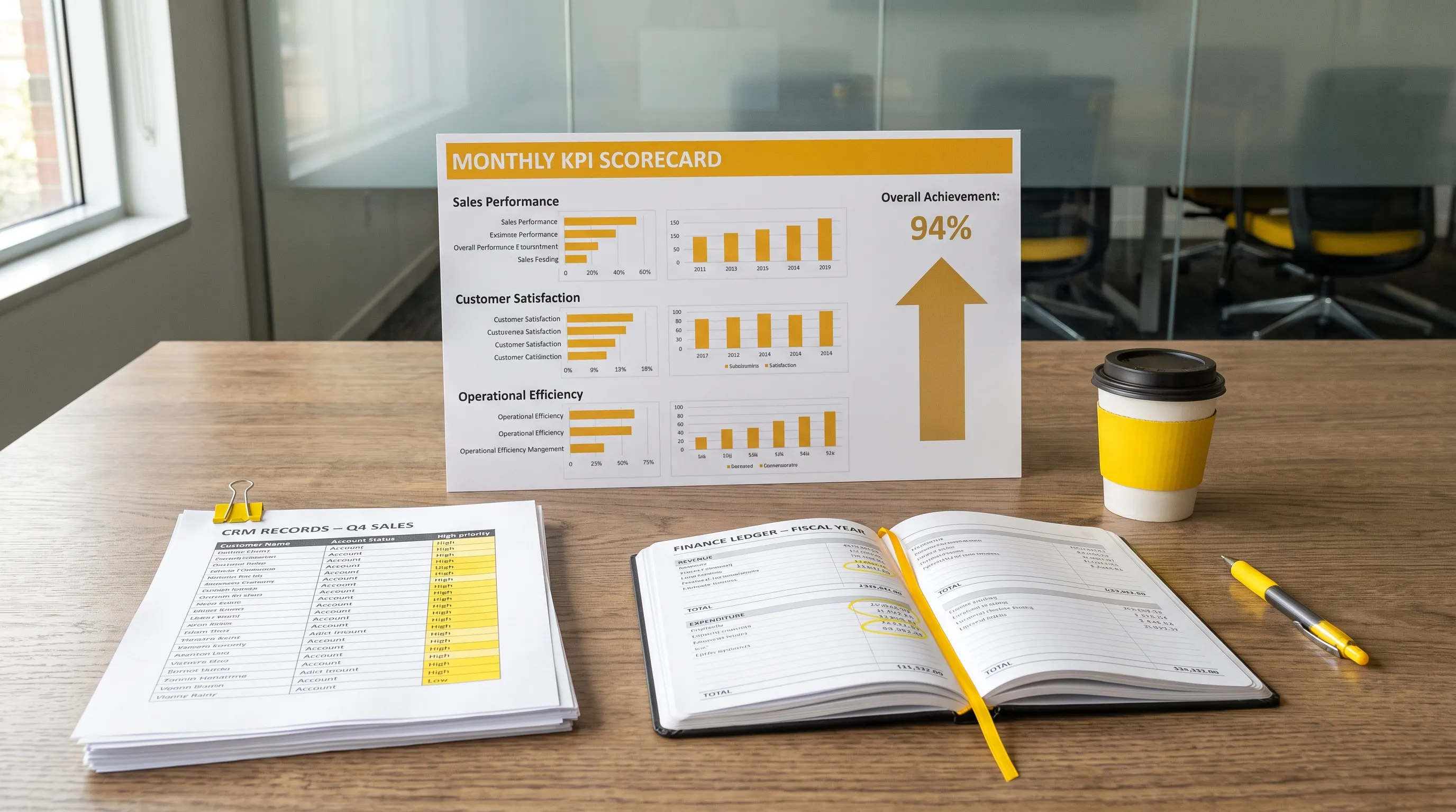 A printed KPI scorecard sits on a meeting table beside CRM records and a finance ledger.