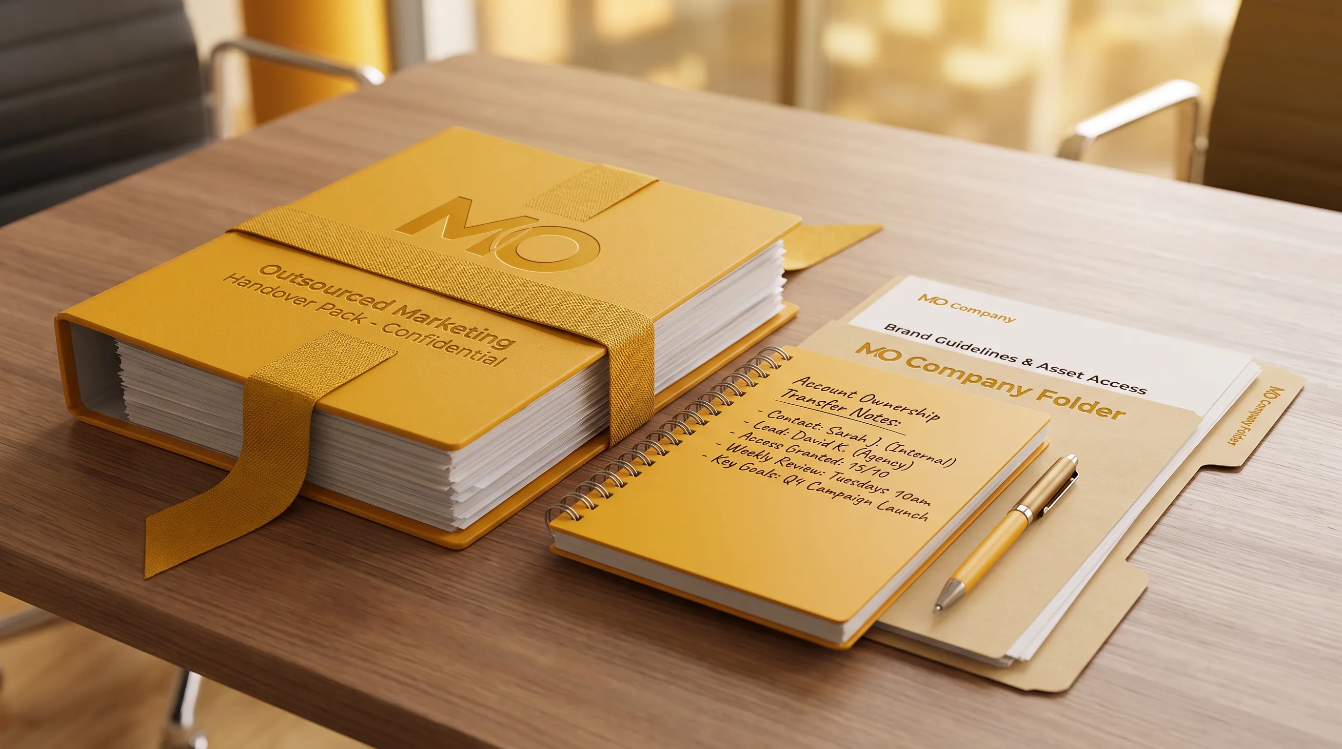 A handover pack for outsourced marketing sits on a meeting table with account ownership notes and a company folder.