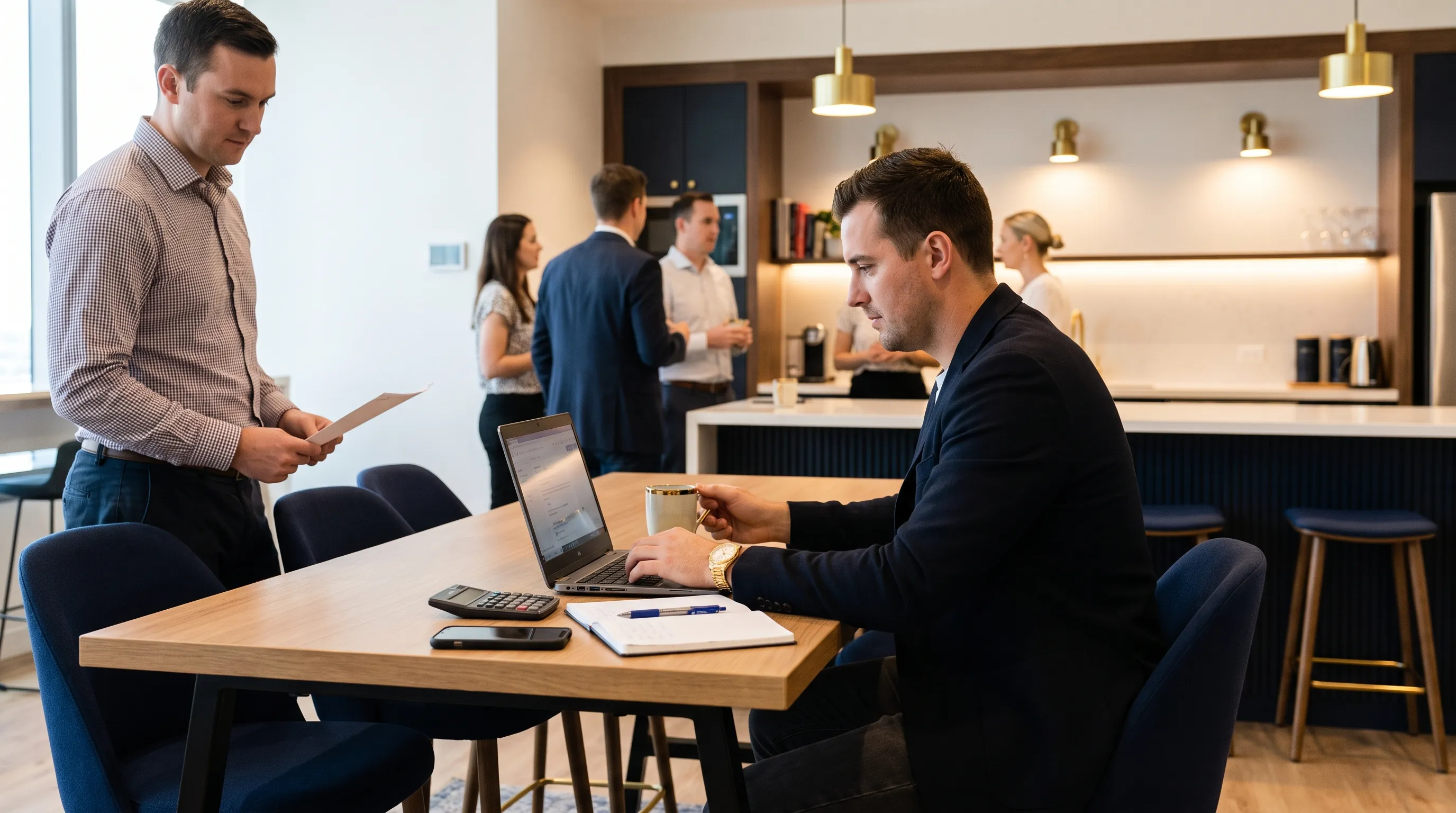 A founder and colleague review a hiring budget at a kitchen table in an office break area.