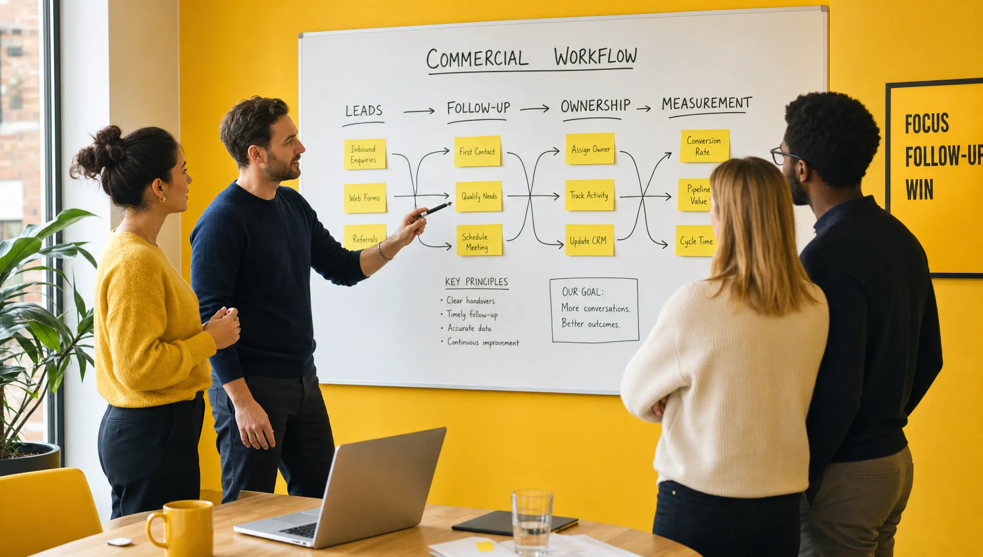 A founder and commercial team review a workflow on a wall board, linking leads, follow-up, ownership and measurement.
