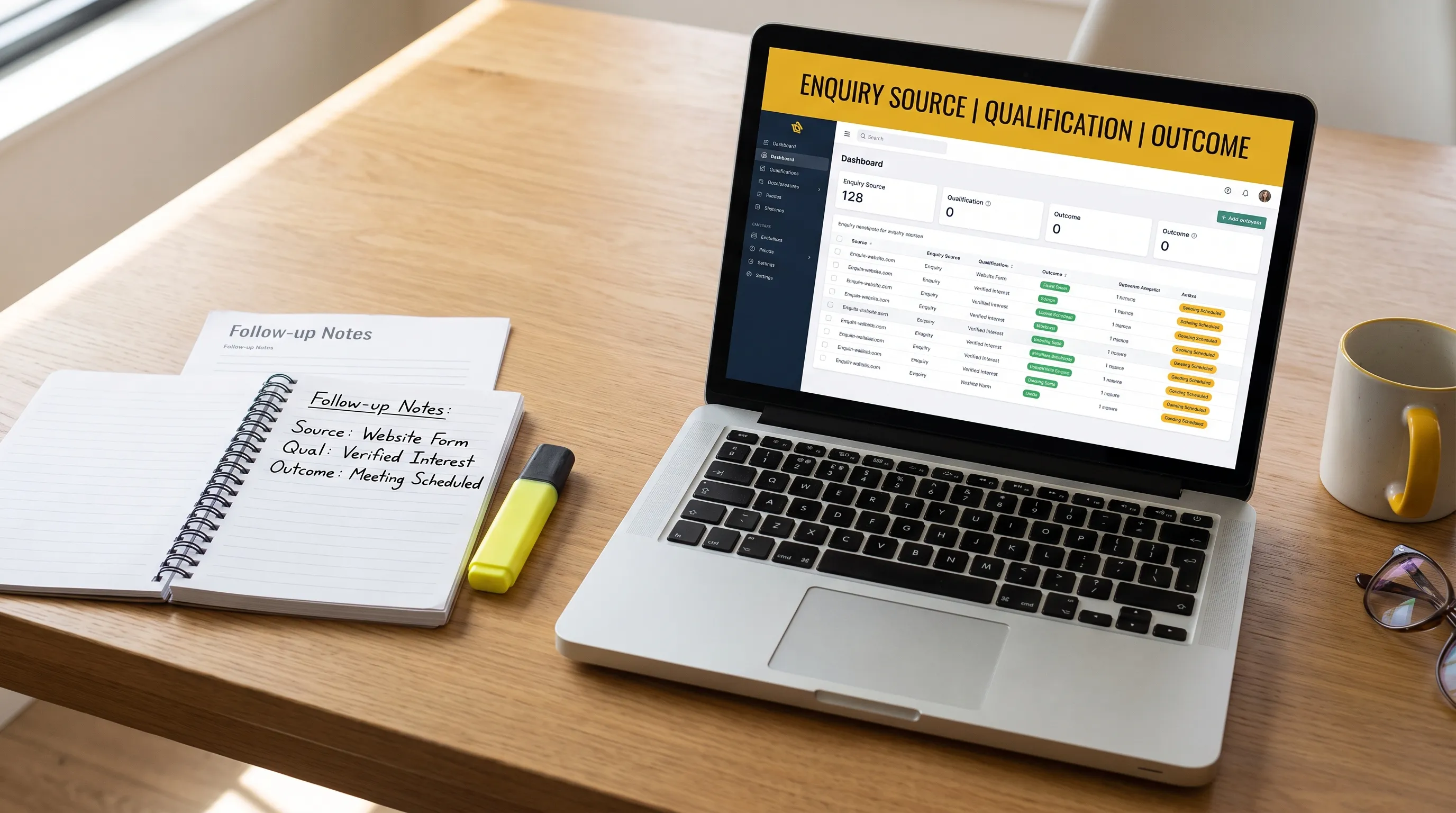 A laptop, notebook and follow-up notes sit beside each other on a desk as enquiry source, qualification and outcome are reviewed.