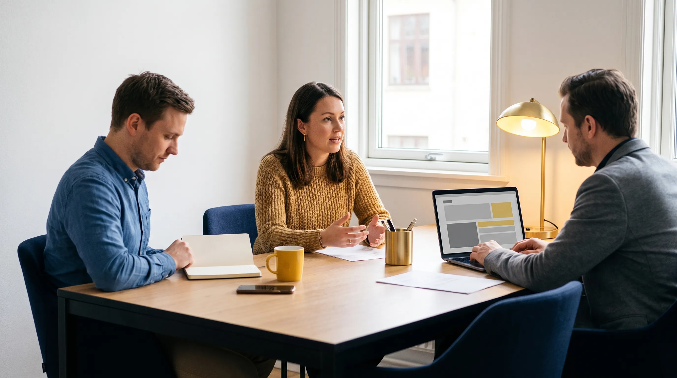 A founder and two colleagues review lead follow-up in a small office meeting area as they decide the next action.