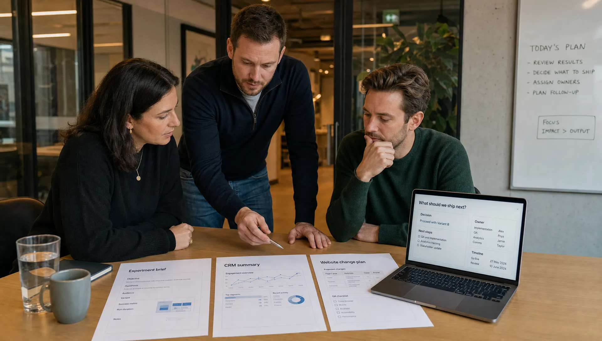 A founder and two managers review a website experiment and CRM summary while deciding the next AI-supported workflow.