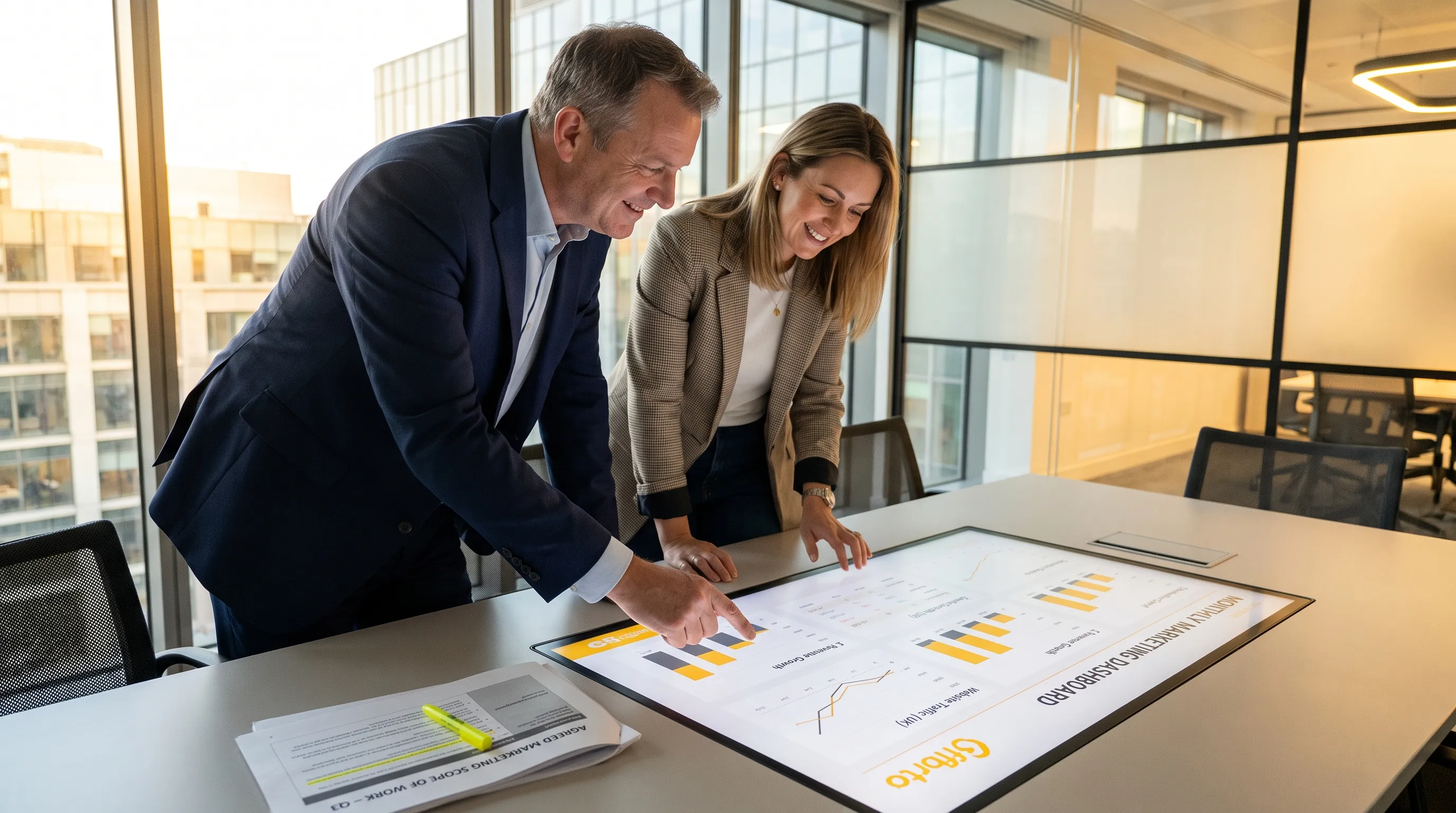 A UK business owner and senior marketing leader review a monthly dashboard beside an agreed marketing scope in a meeting room.