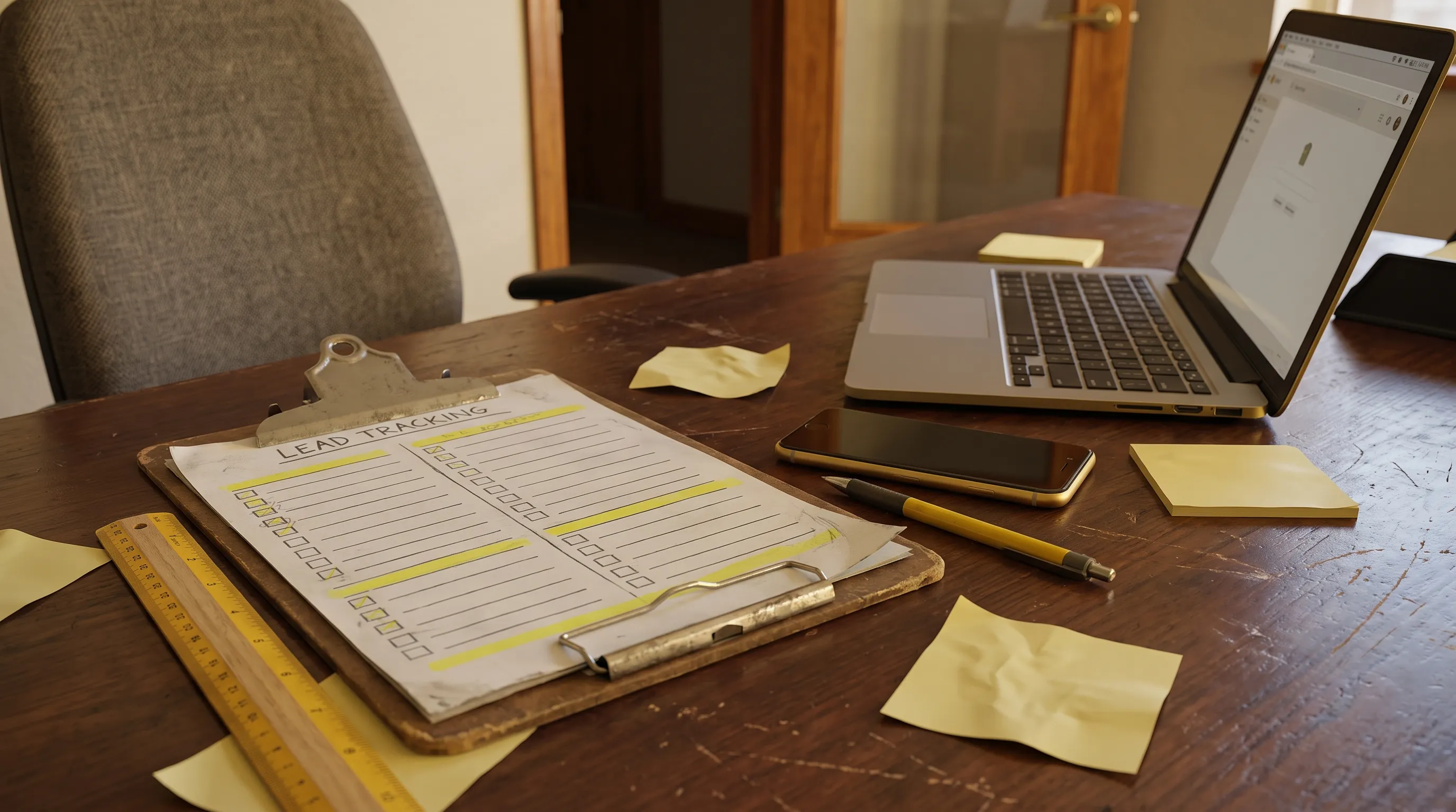 A lead tracking sheet beside a laptop and phone shows the steps from enquiry to follow-up in a working office.