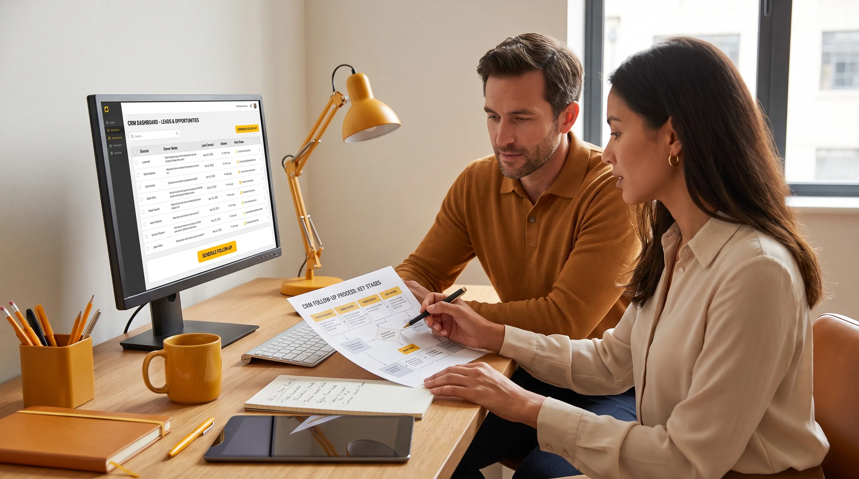 A founder and sales lead review a CRM follow-up process at a desk with source details, owner notes, timing and next action visible on paper and screen.