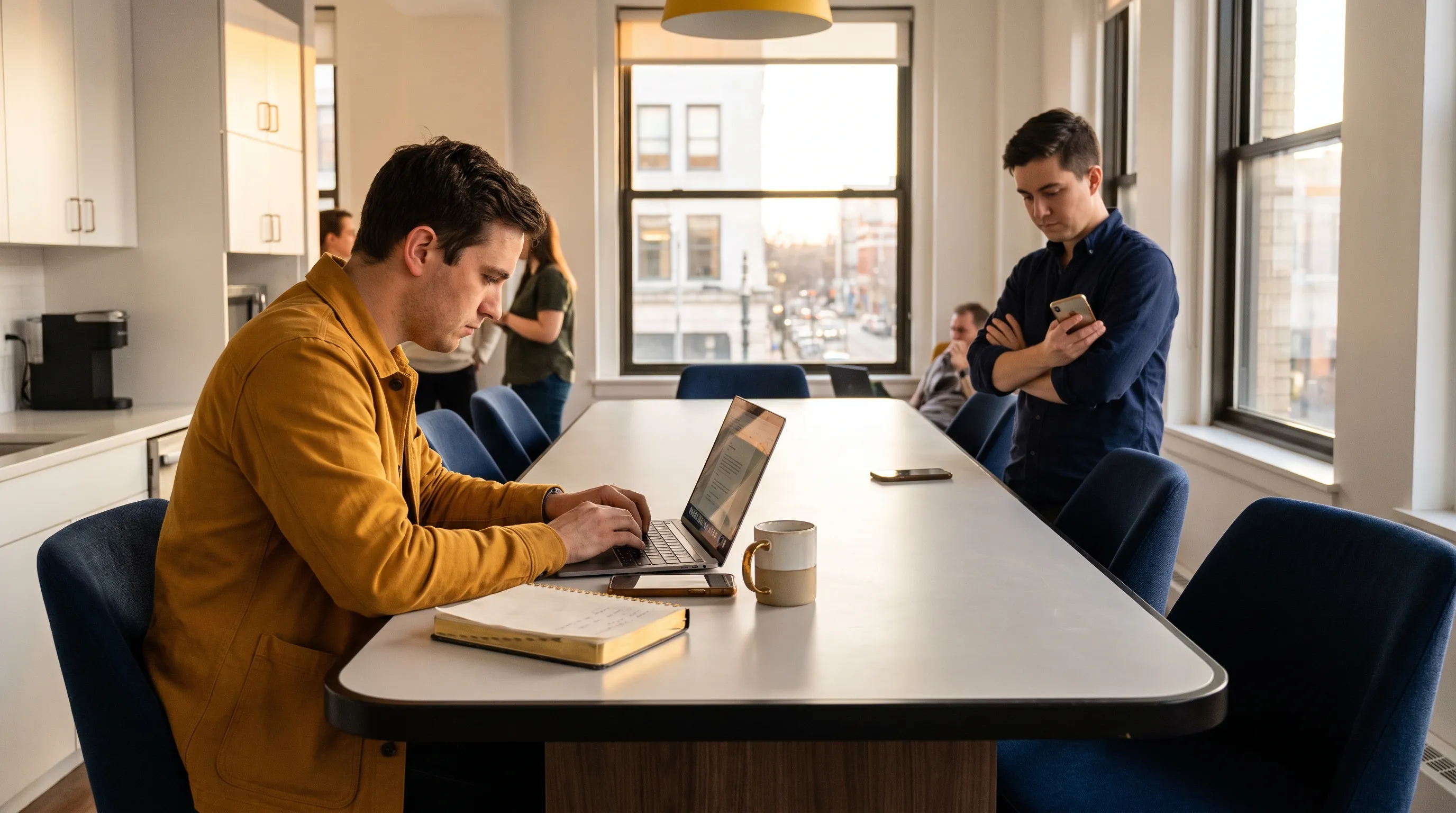 A founder checks a laptop, notebook and phone at a kitchen table while a colleague waits for the next step.
