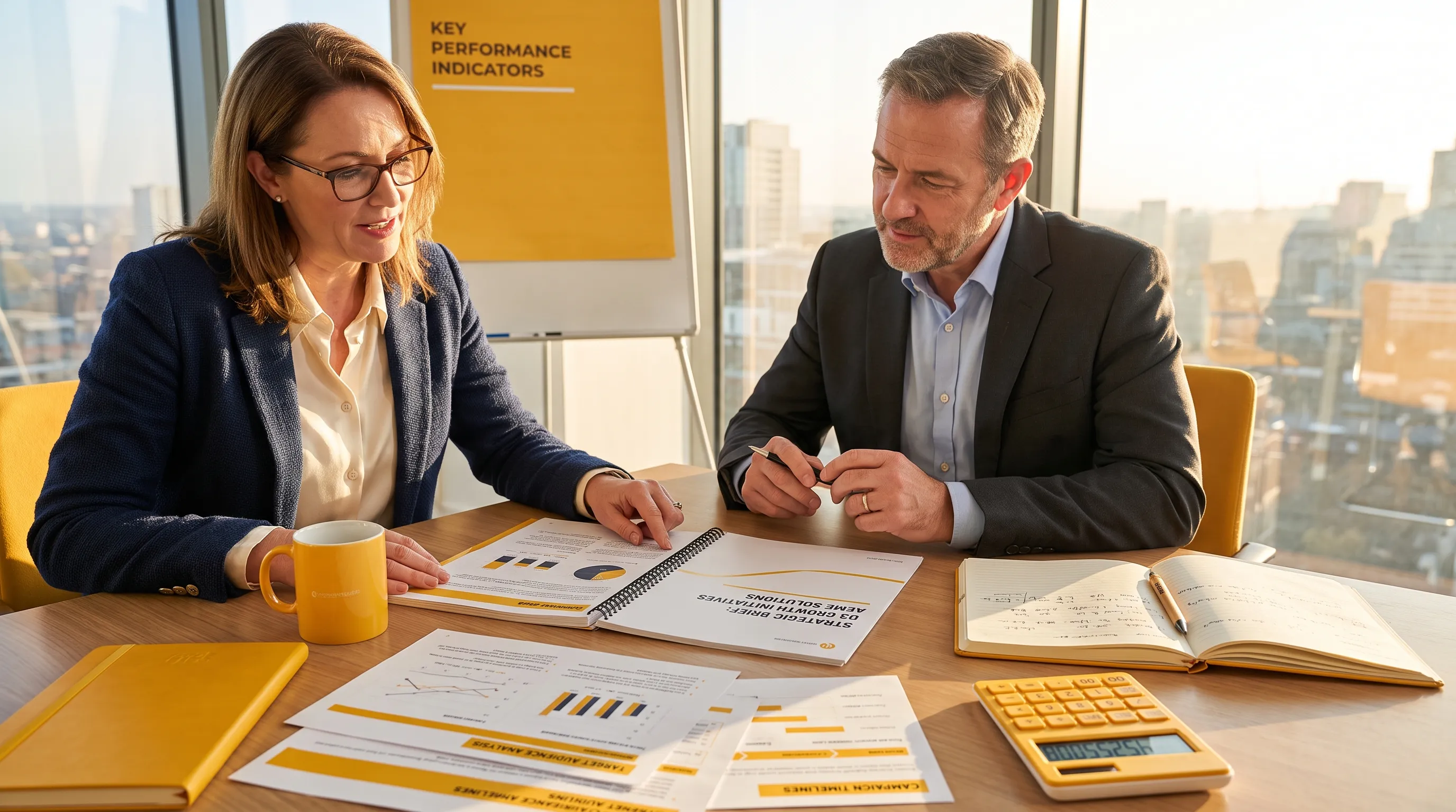 A founder and senior marketing leader review a brief pack on a meeting table, with printed pages, a notebook and a calculator visible.