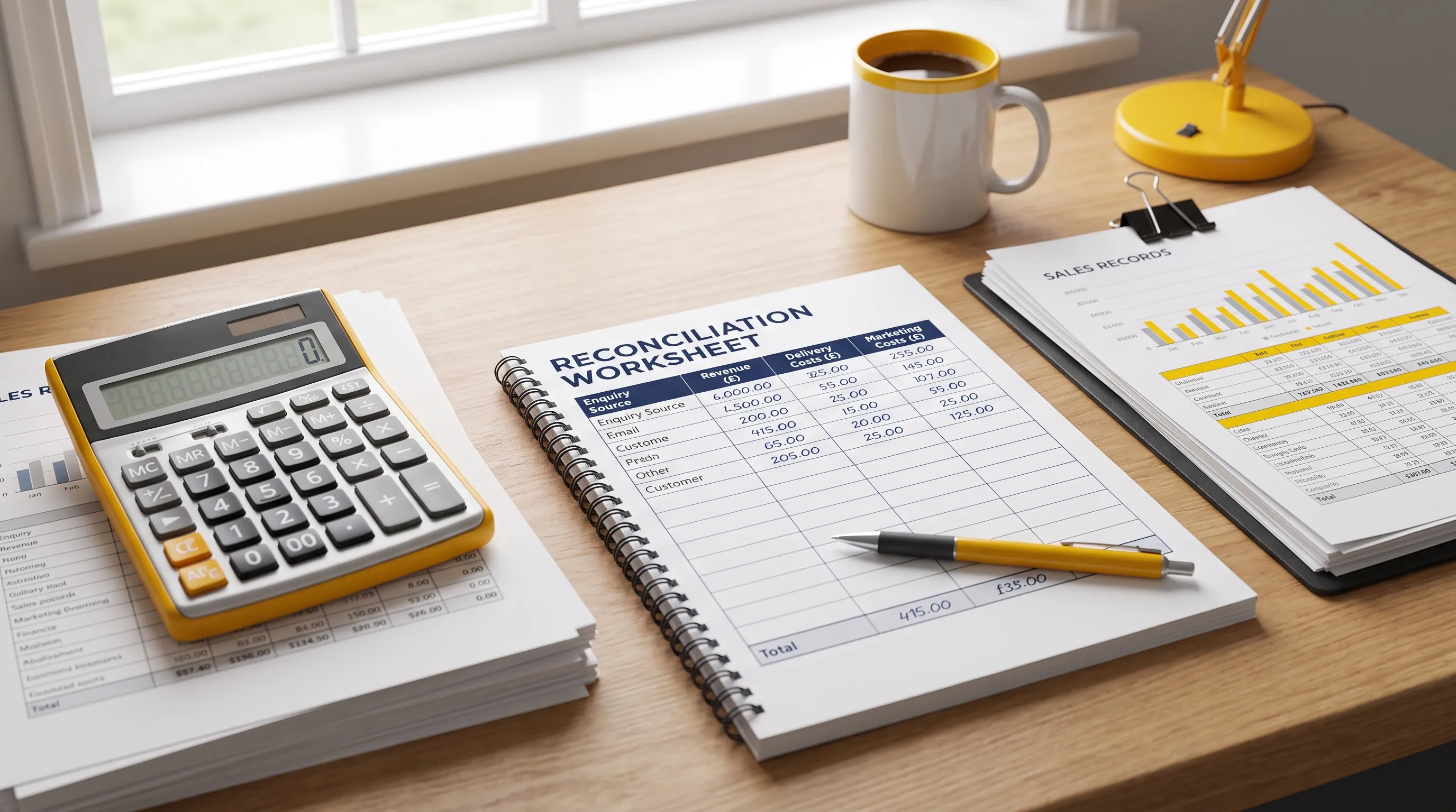 A desk with a calculator, printed sales records and a worksheet for reconciling enquiry source, revenue, delivery costs and marketing costs.