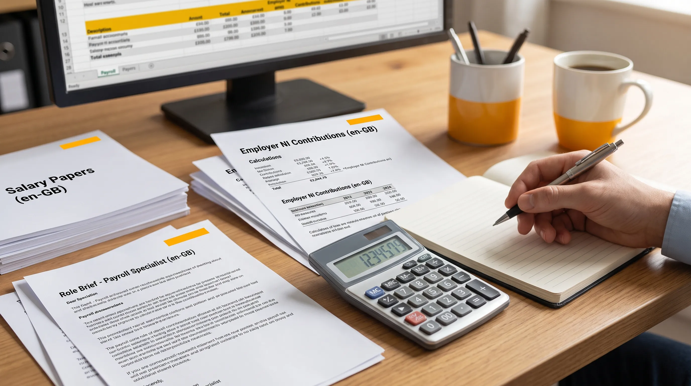 A payroll planning desk shows a calculator, blank notebook, salary papers and a printed role brief beside someone working out employer national insurance.
