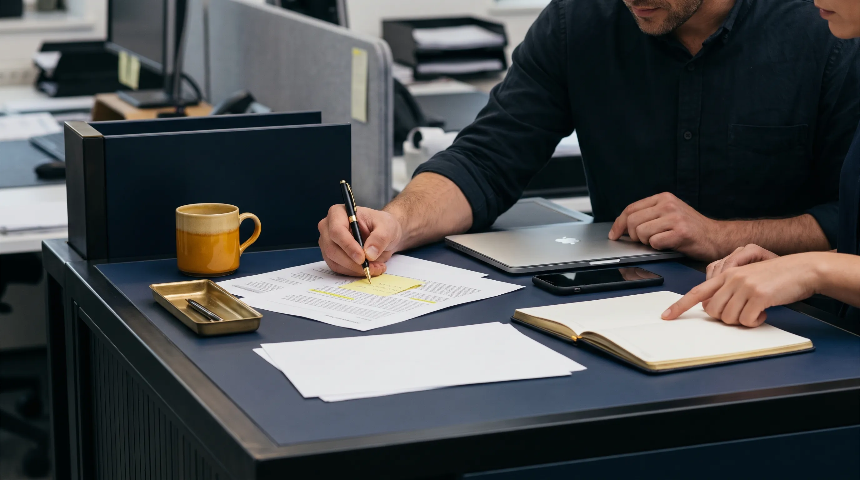 Two colleagues review a marketing workflow at a desk, marking follow-up and ownership for the next step.