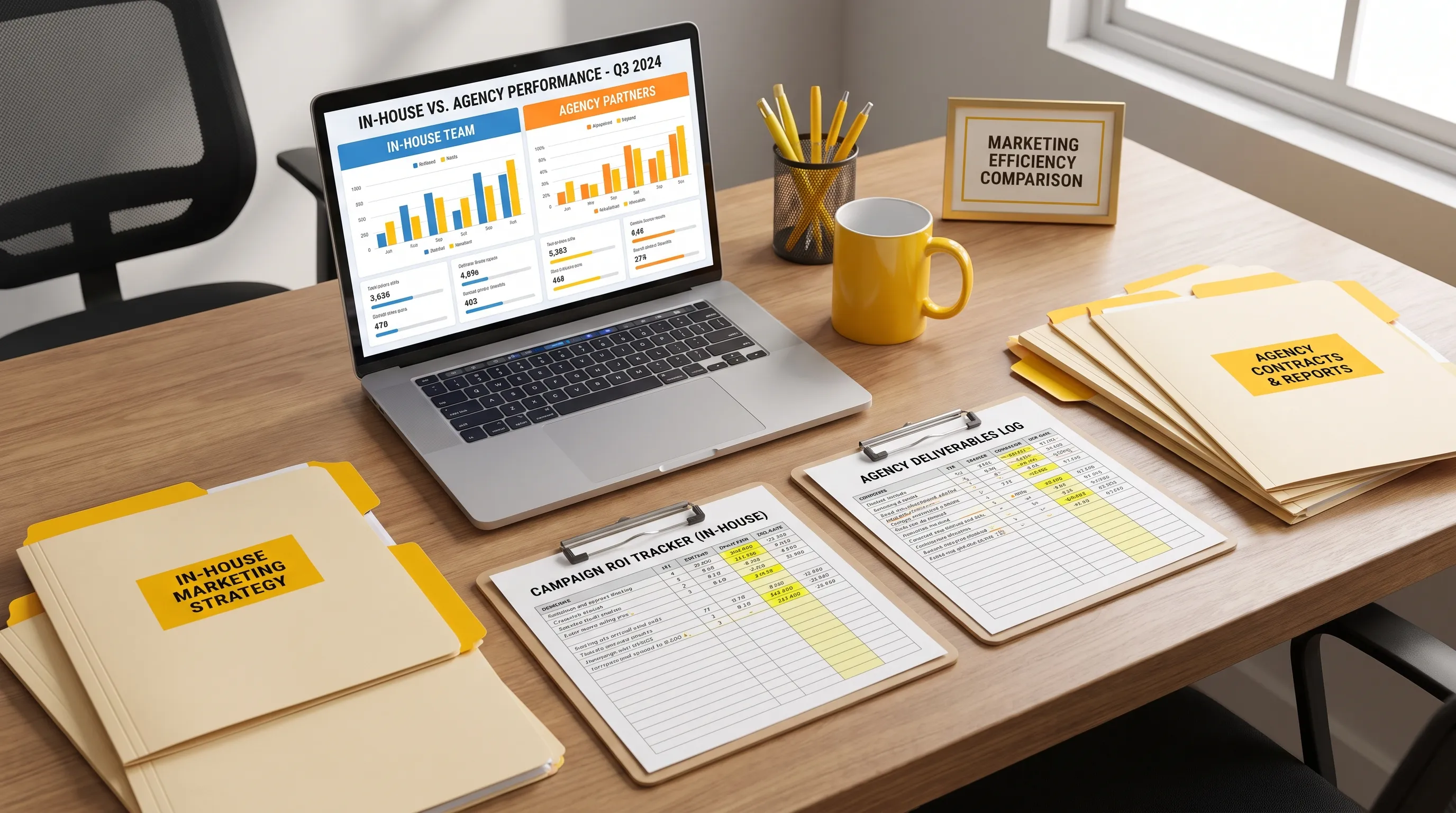A desk setup with folders, a laptop and tracking sheets for comparing in-house marketing with agency work.