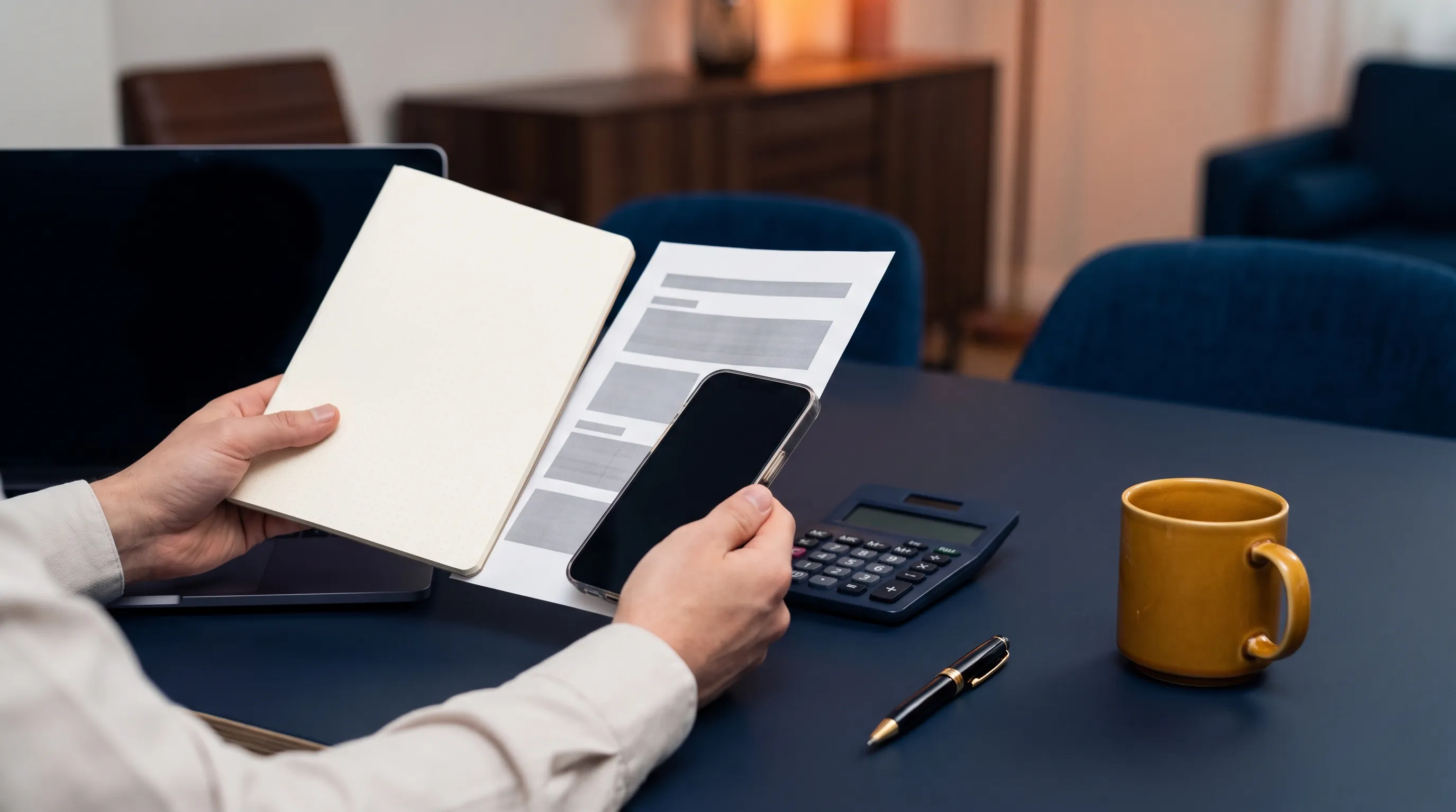 Hands compare a notebook, salary sheet and phone beside a laptop in a meeting room, showing the materials behind a marketing hire decision.