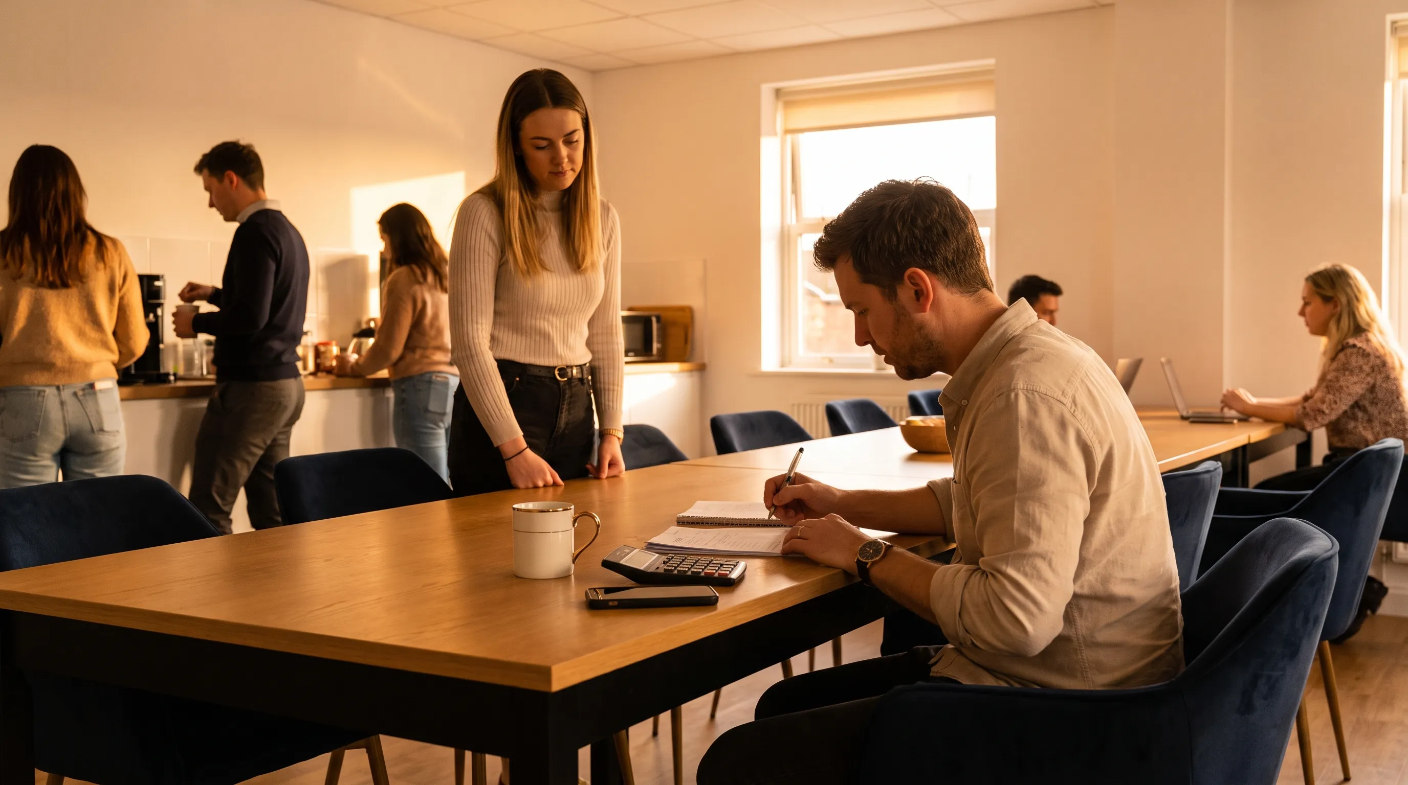A founder reviews hiring costs at a kitchen table while a colleague waits nearby.