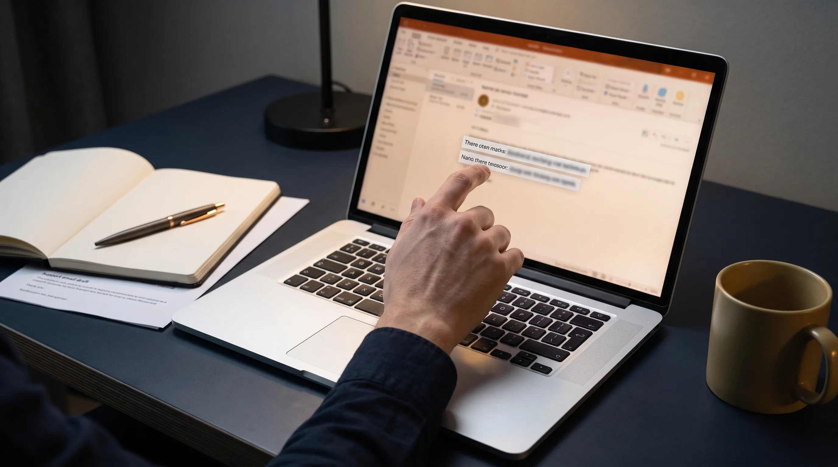 A laptop and support email draft show personal data being checked before text leaves the office.