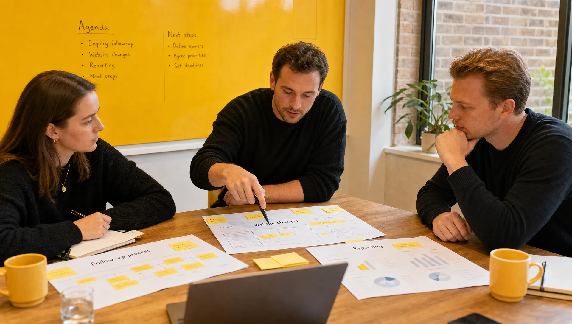 A founder-led team maps enquiry follow-up, website changes and reporting on a workshop table with printed notes and a laptop.