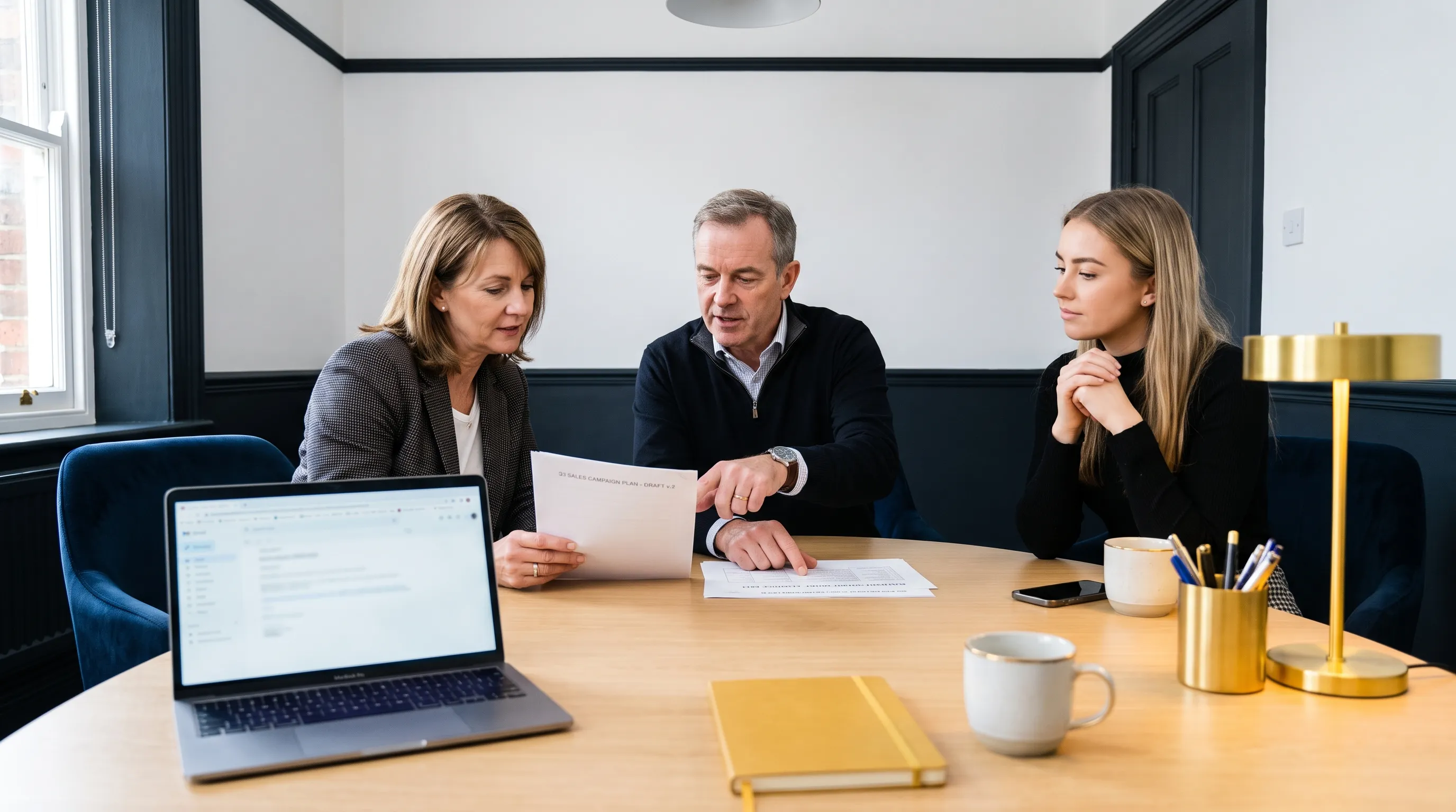 A fractional head of marketing and a business owner review a campaign plan and sales summary in an office.