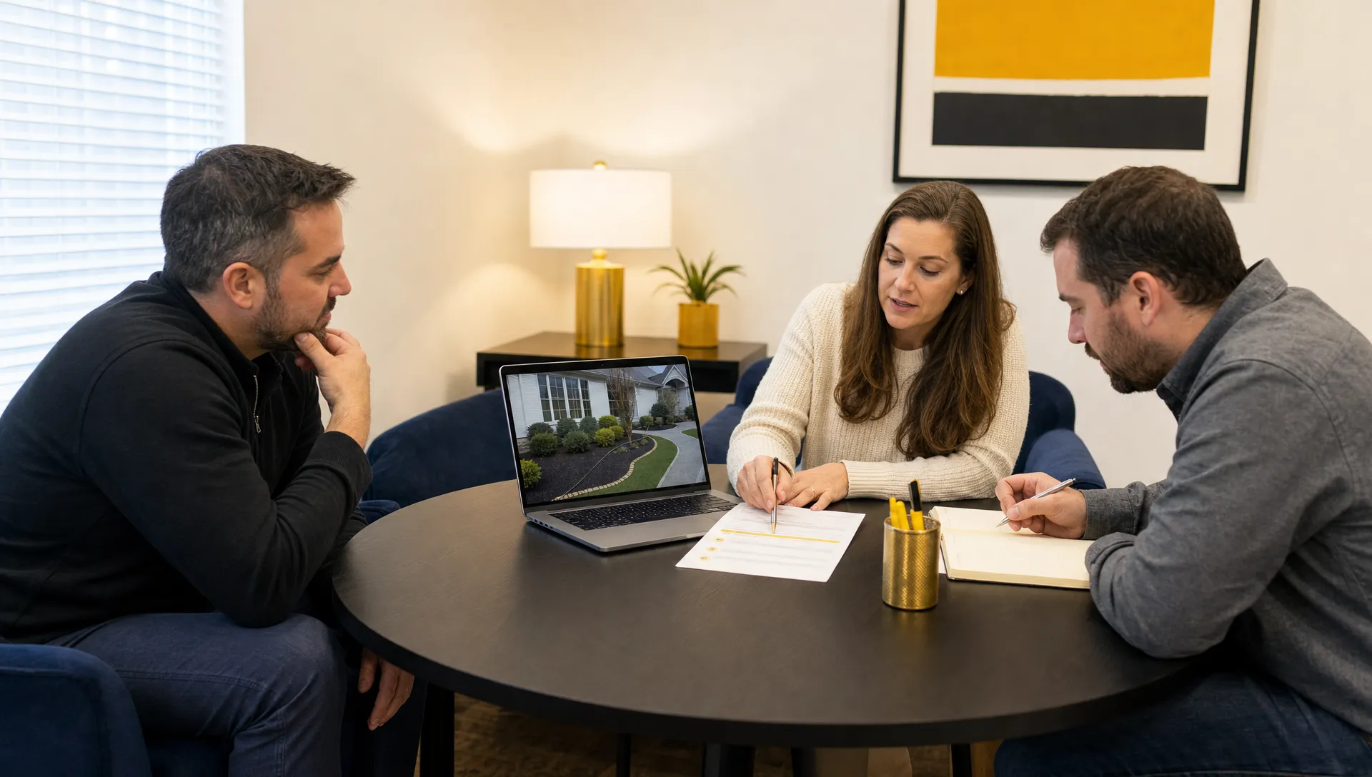A founder and two team members review one AI workflow in a meeting room, checking the next follow-up step together.