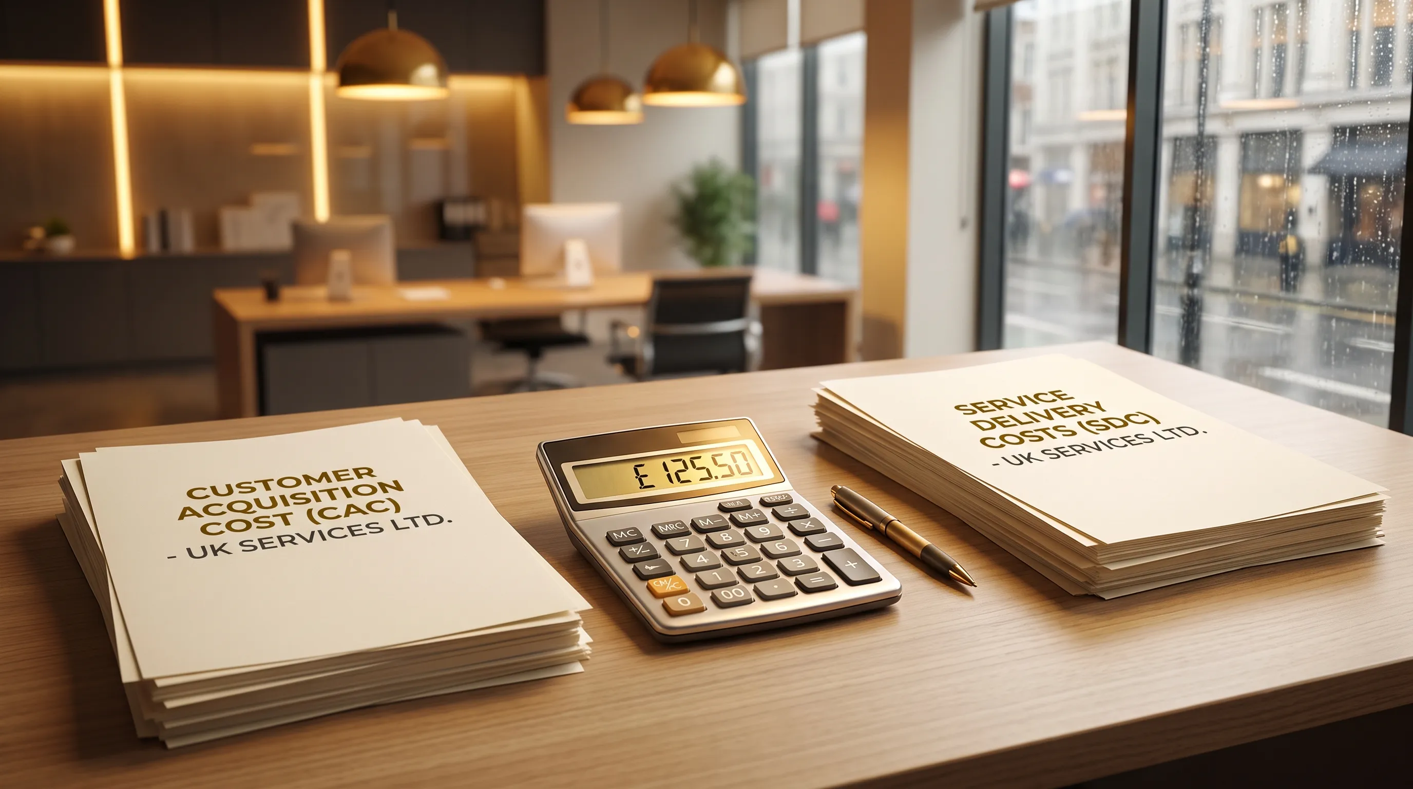 A calculator beside blank worksheets separates customer acquisition cost from service delivery costs for a UK services business.