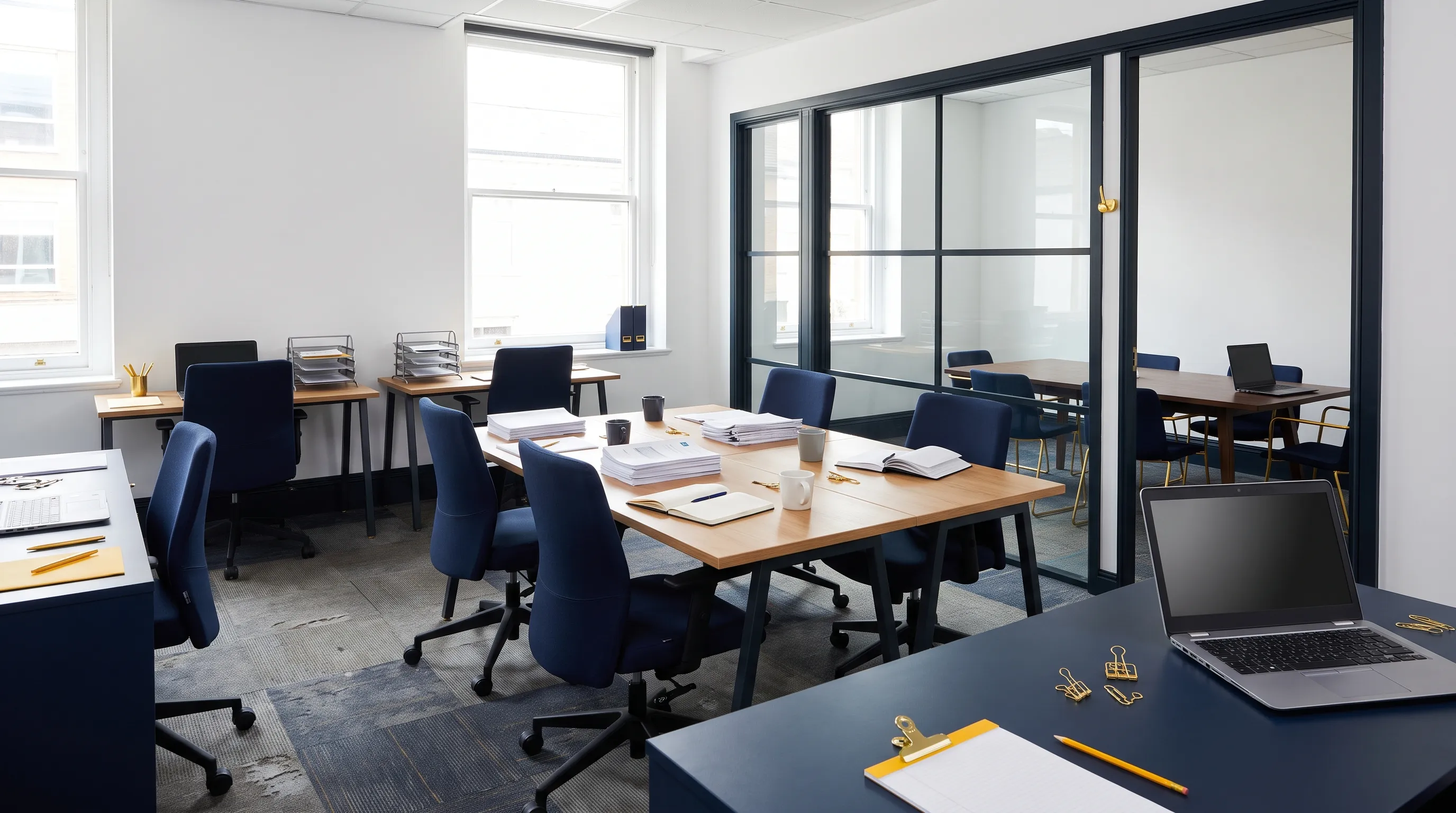 A modest UK office suite shows the rooms and desks where growth work, reports and approvals are handled.
