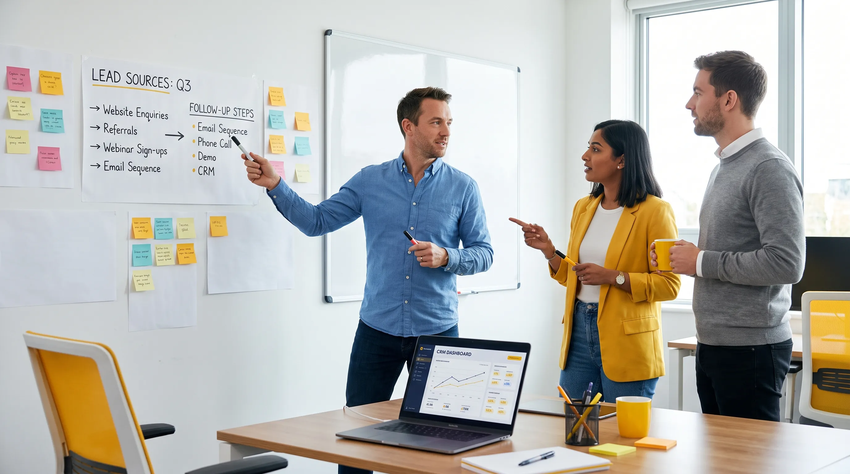 A founder and two team members review a wall of plain sheets, notes and a laptop while discussing lead sources and follow-up steps.