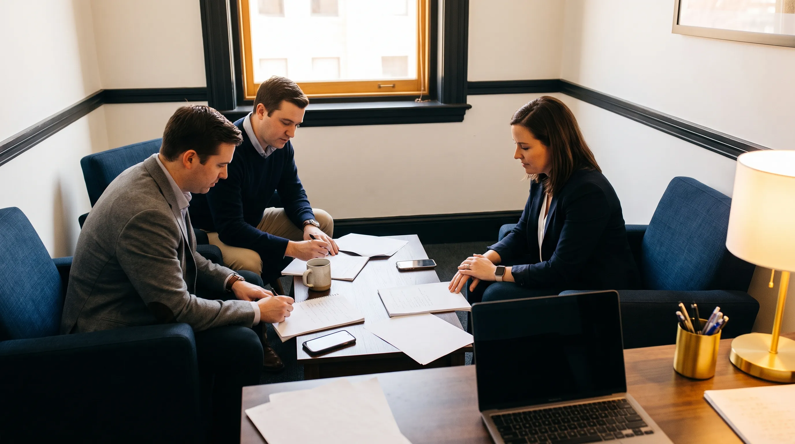 A founder, marketing lead and agency contact review notes and a laptop while deciding between direction and delivery.