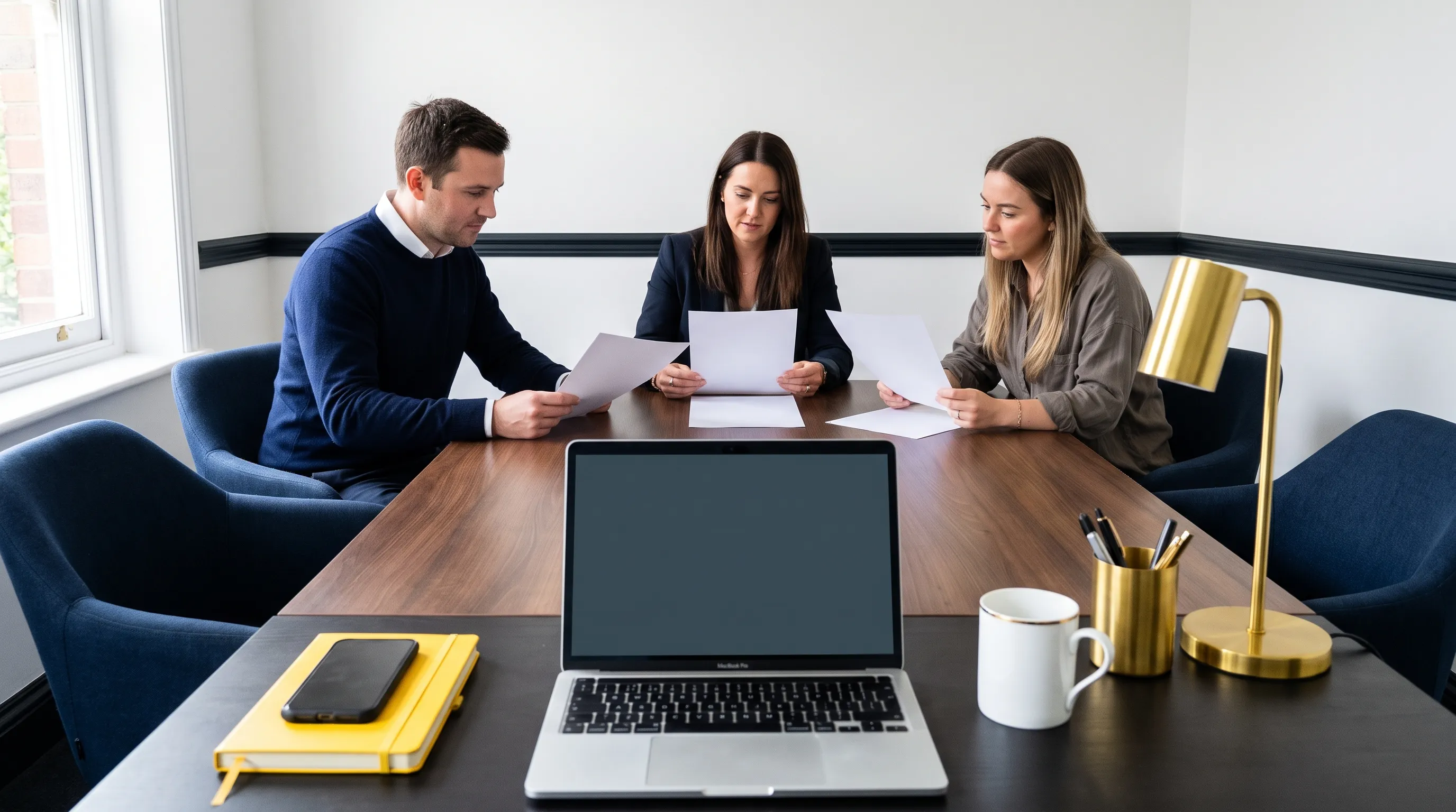 A founder, a fractional head of marketing and an agency contact review marketing work and ownership around a table.