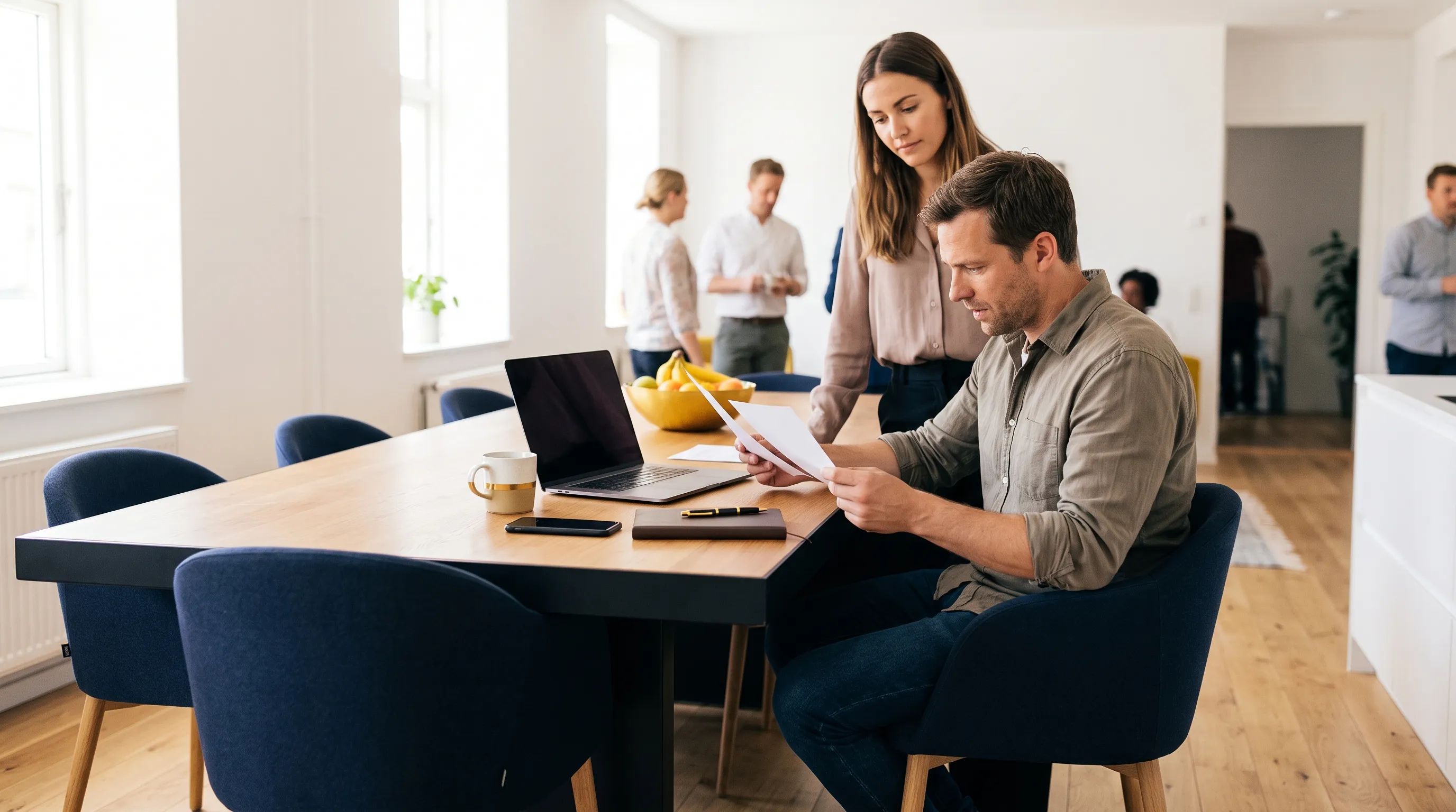 A founder compares a recruitment brief with a supplier note at a kitchen table in the office.