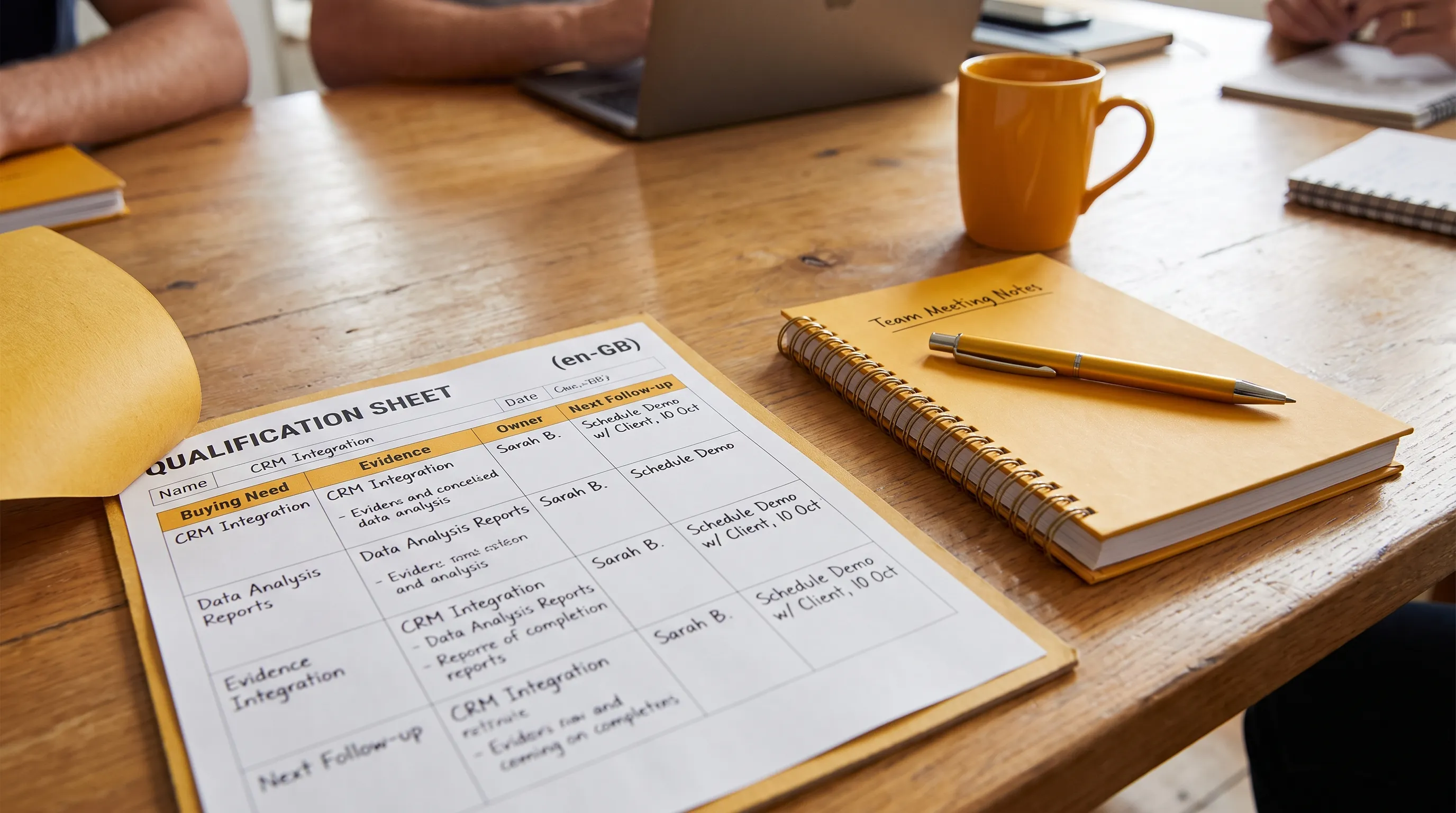 A qualification sheet lies on a meeting table beside a notebook and pen as the team records buying need, evidence, owner and next follow-up.