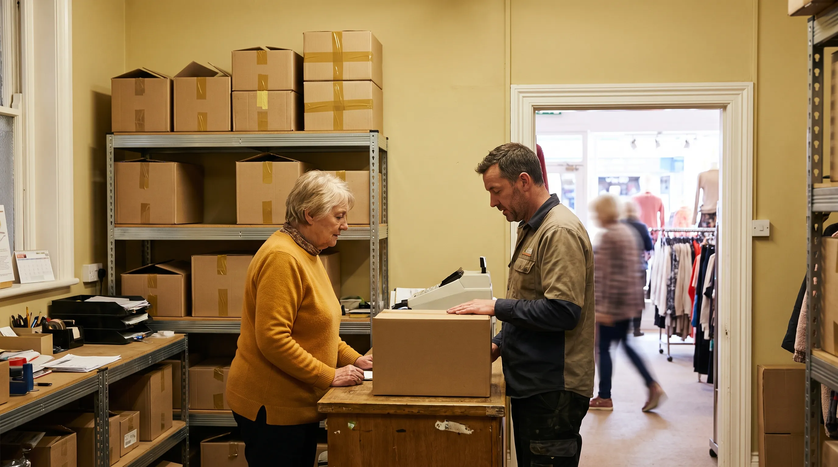 A business owner and marketing candidate discuss campaign responsibilities in a back office beside the working shop floor.