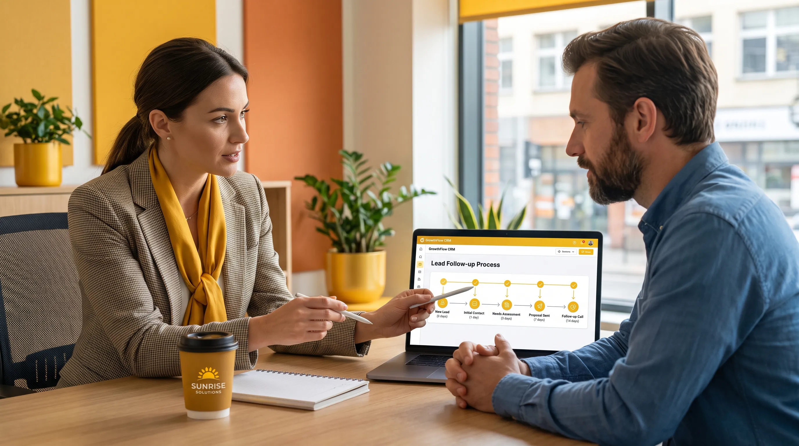 A consultant points to a lead follow-up process on a laptop during a discussion with a business owner, with the CRM open on screen.