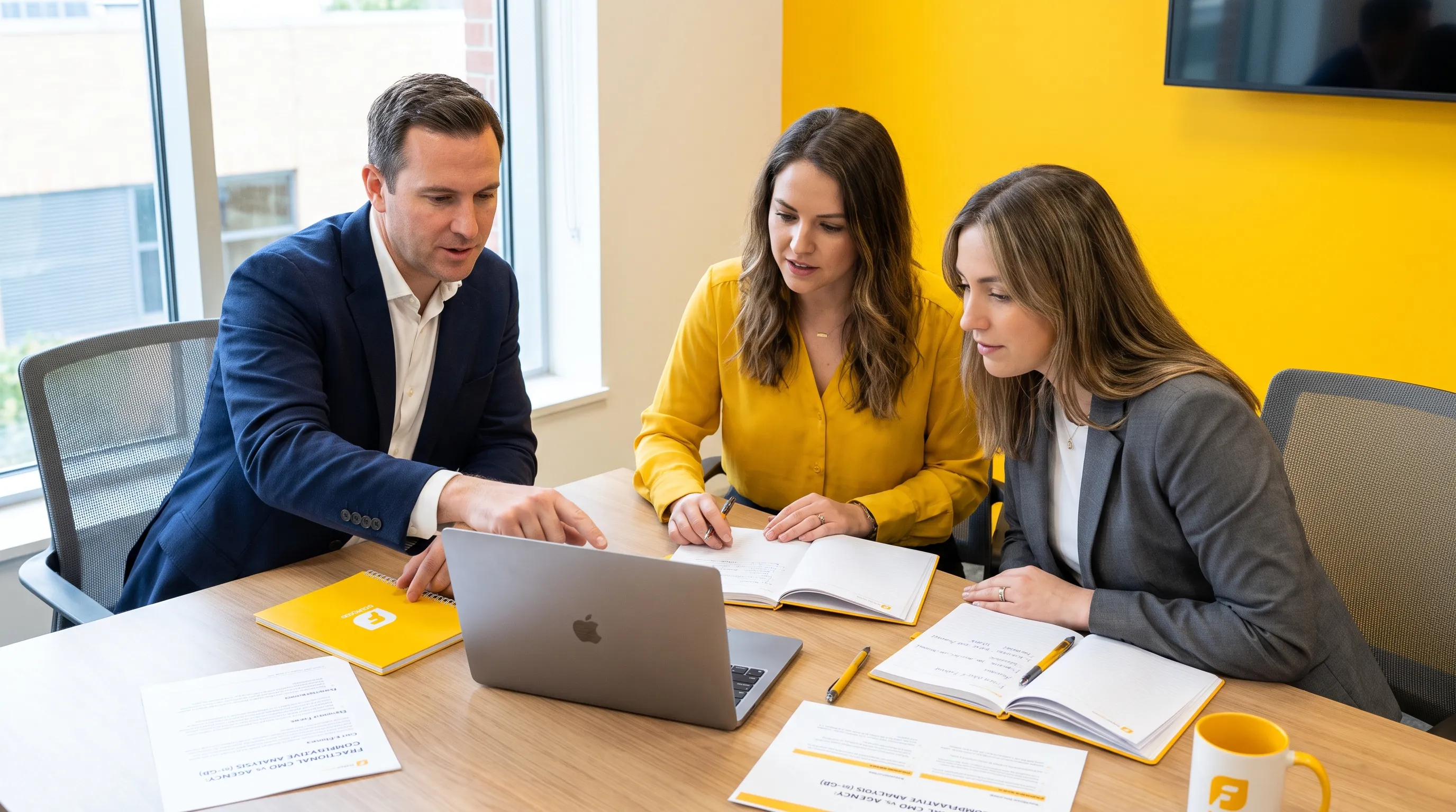 A founder, marketing lead and agency account manager reviewing notes beside a laptop as they compare fractional CMO and agency options.