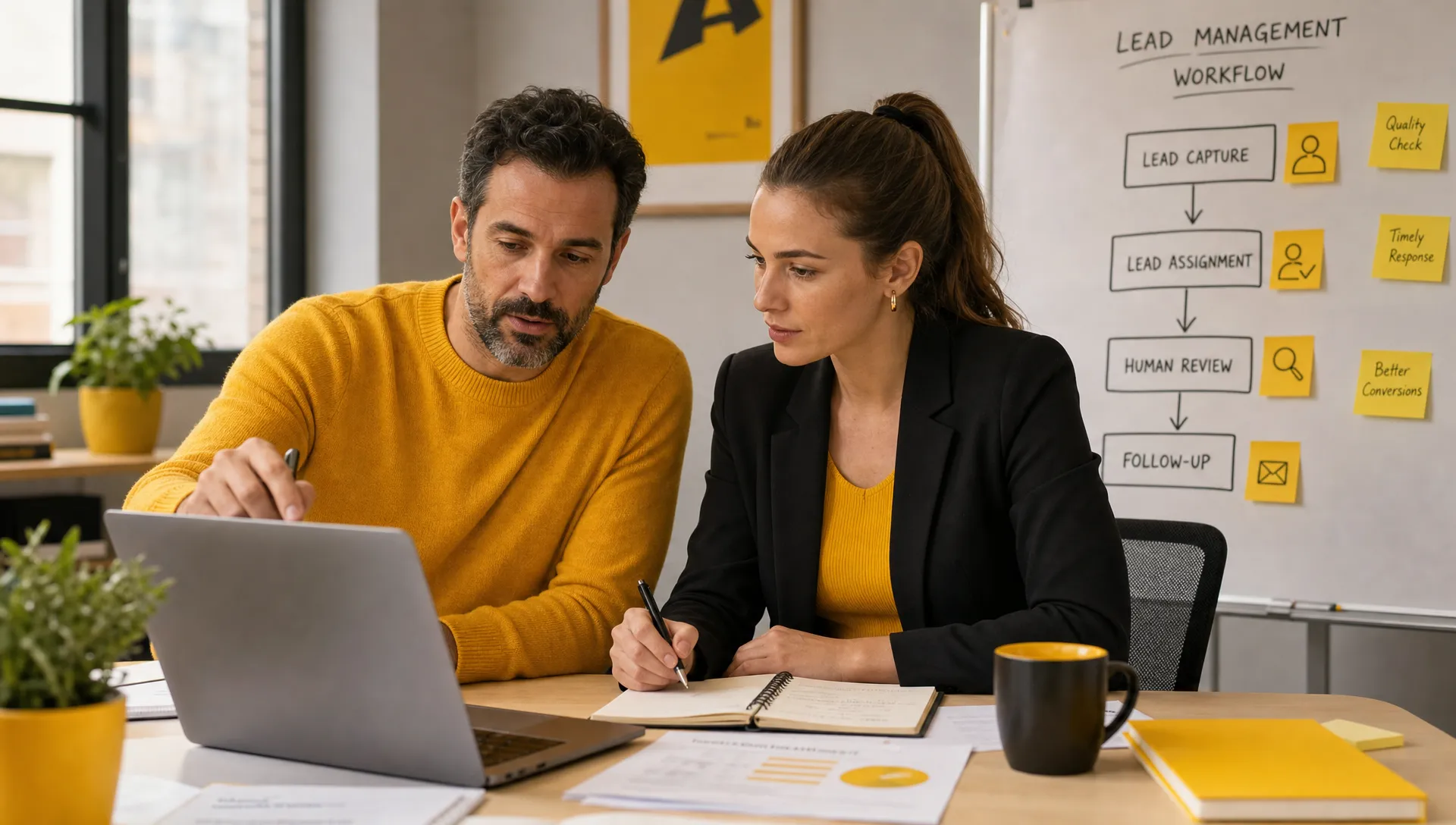 A founder and sales manager review a laptop screen and paper notes while discussing lead capture, assignment, human review and follow-up.